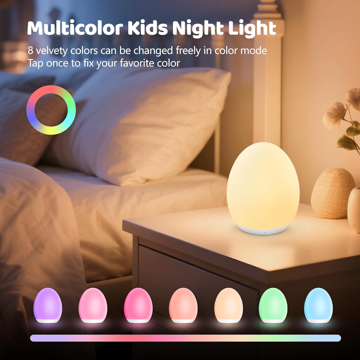 MediAcous Night Light for Kids, Baby Egg Light for Nursery, 7 Colors Changing & Stepless Dimming, Soft Silicone Touch Night Lamp with 1…