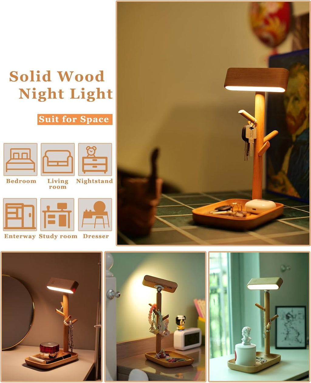 Wooden Table Lamp, Tree Trunk Rechargeable LED Desk Lamp with Organizer and Magnetic 360° Rotating Night Light for Bedside, Dorm Room or…