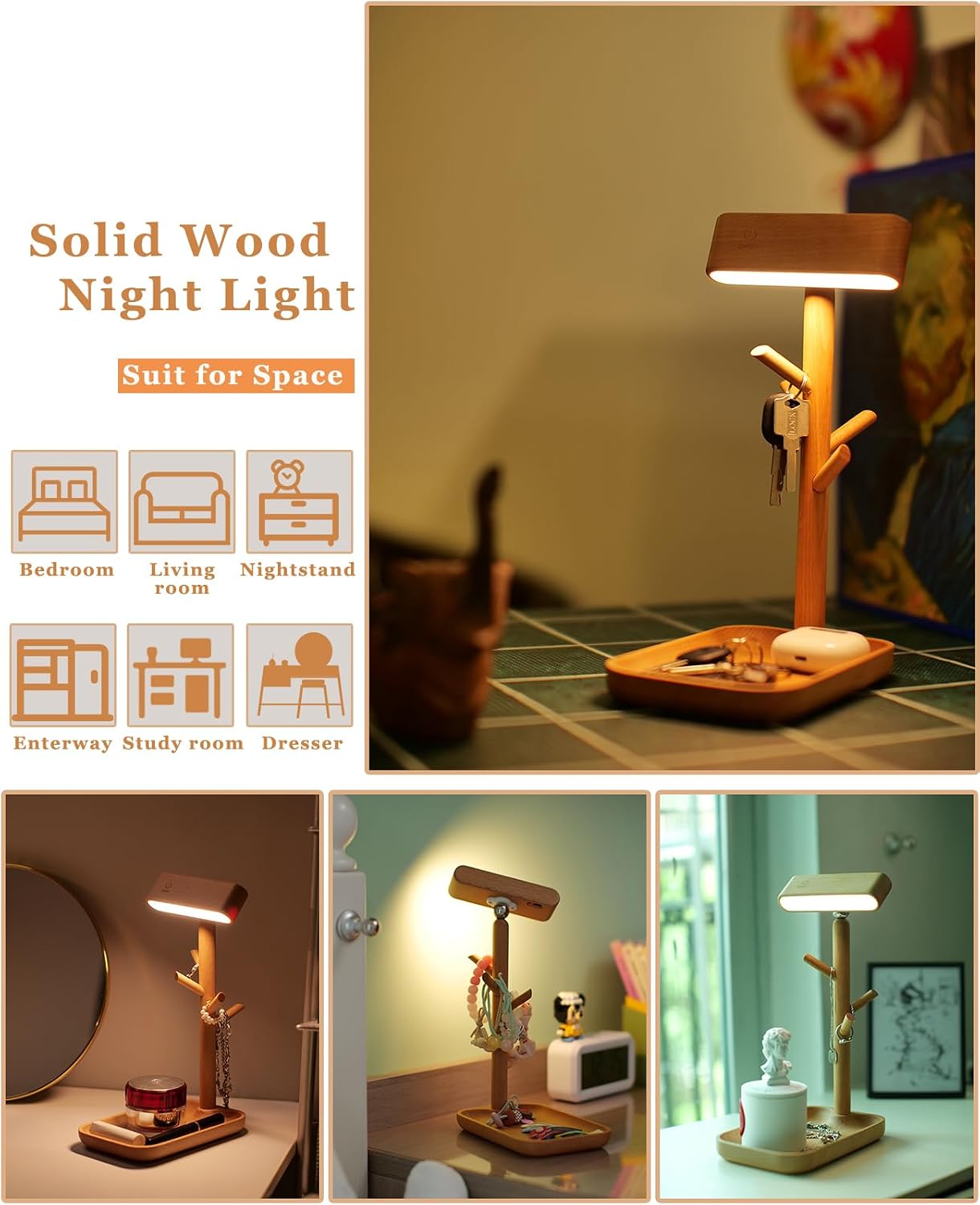 Wooden Table Lamp, Tree Trunk Rechargeable LED Desk Lamp with Organizer and Magnetic 360° Rotating Night Light for Bedside, Dorm Room or…