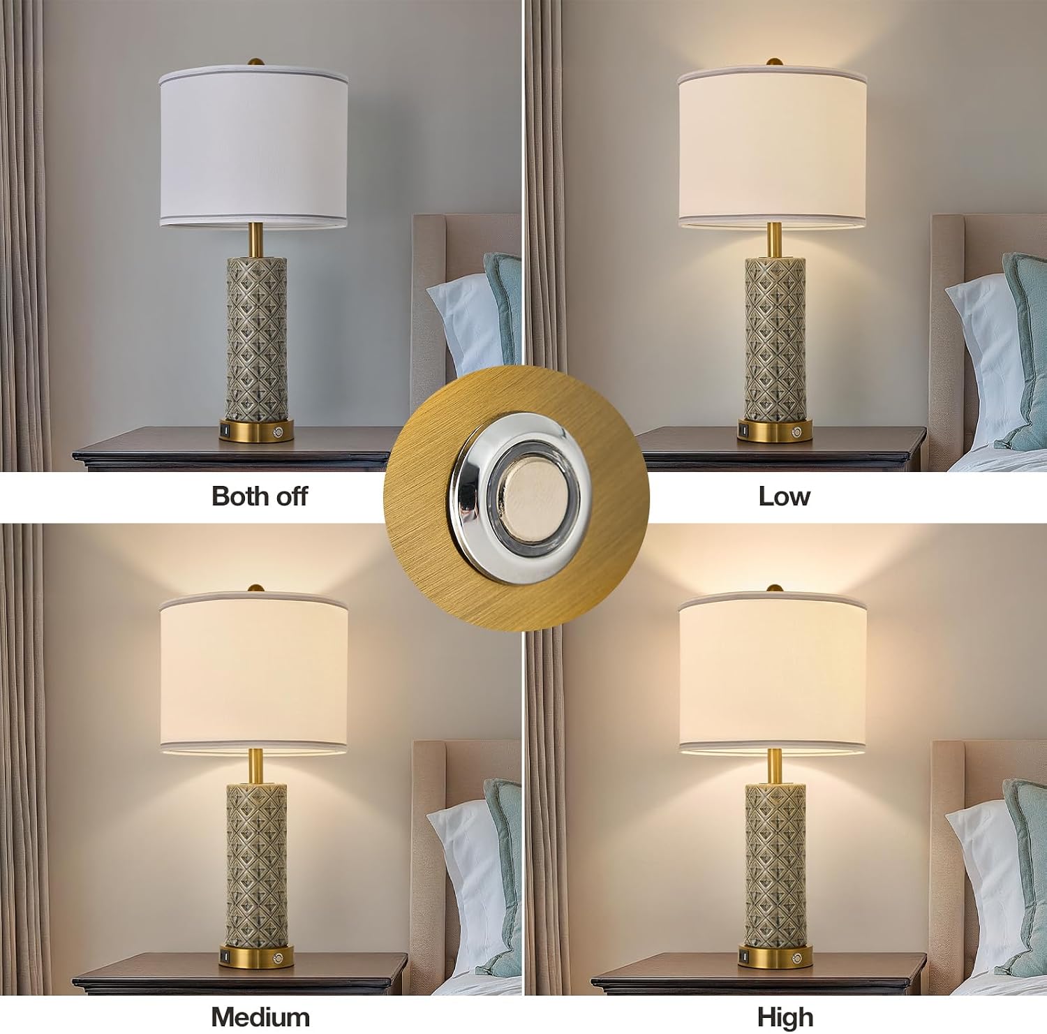 Set of 2 Table Lamp for Living Room Bedroom Farmhouse,26'' Touch Control Bedroom Smoke Grey Ceramic Lamps 3-Way Dimmable Bedside Lamps…