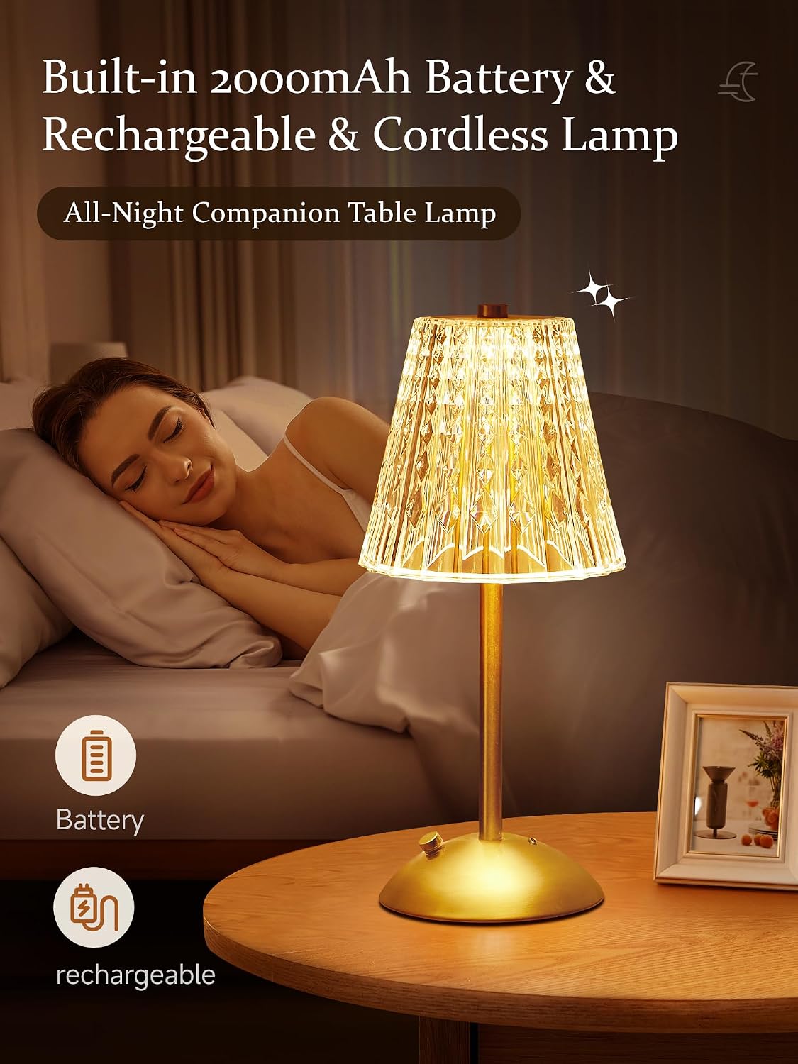 Upgraded Nightstand Lamps Set of 2, 3 Colors Dimmable Crystal Table Lamp Gold Lamp, Touch Lamp Bedroom Lamps, Rechargeable Small Lamp…