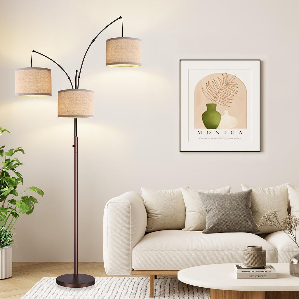 Dimmable Floor Lamp, 3 Lights Brown Arc Floor Lamp, Modern Tall Standing Tree Lamp with Beige Linen Shades & Heavy Base, 3000LM LED…