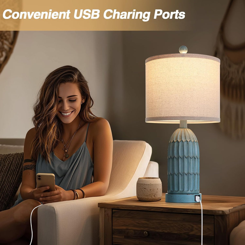 Cinkeda Coastal Table Bedside Lamps Set of 2, Farmhouse 3-Way Dimmable Touch Nightstand Lamp with 2 USB Charging Ports, Vintage Bedside…