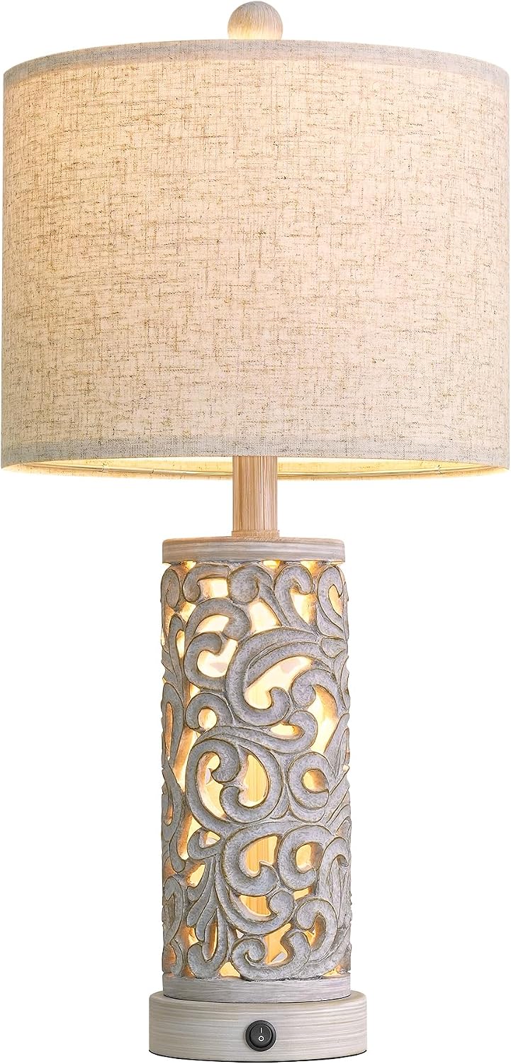 OYEARS 22'' Farmhouse Table Lamp for Living Room, Bedside Lamp with 2 USB Ports for Bedroom, Rustic Nightstand Lamp with Linen Lampshade…