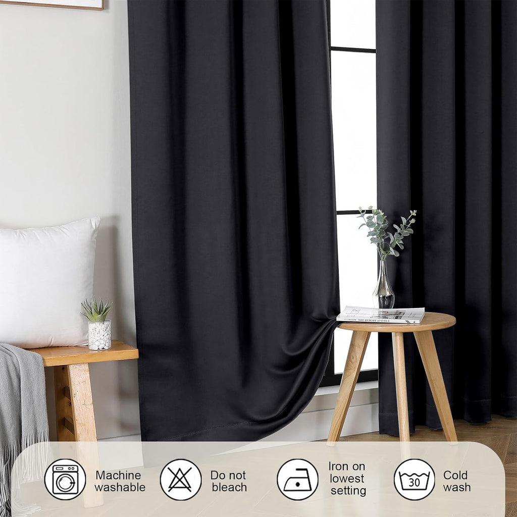 Gwine Black Blackout Curtains for Bedroom 63 Inch Length - Thermal Insulated Light Blocking Window Curtain Panels, Solid Room Darkening…