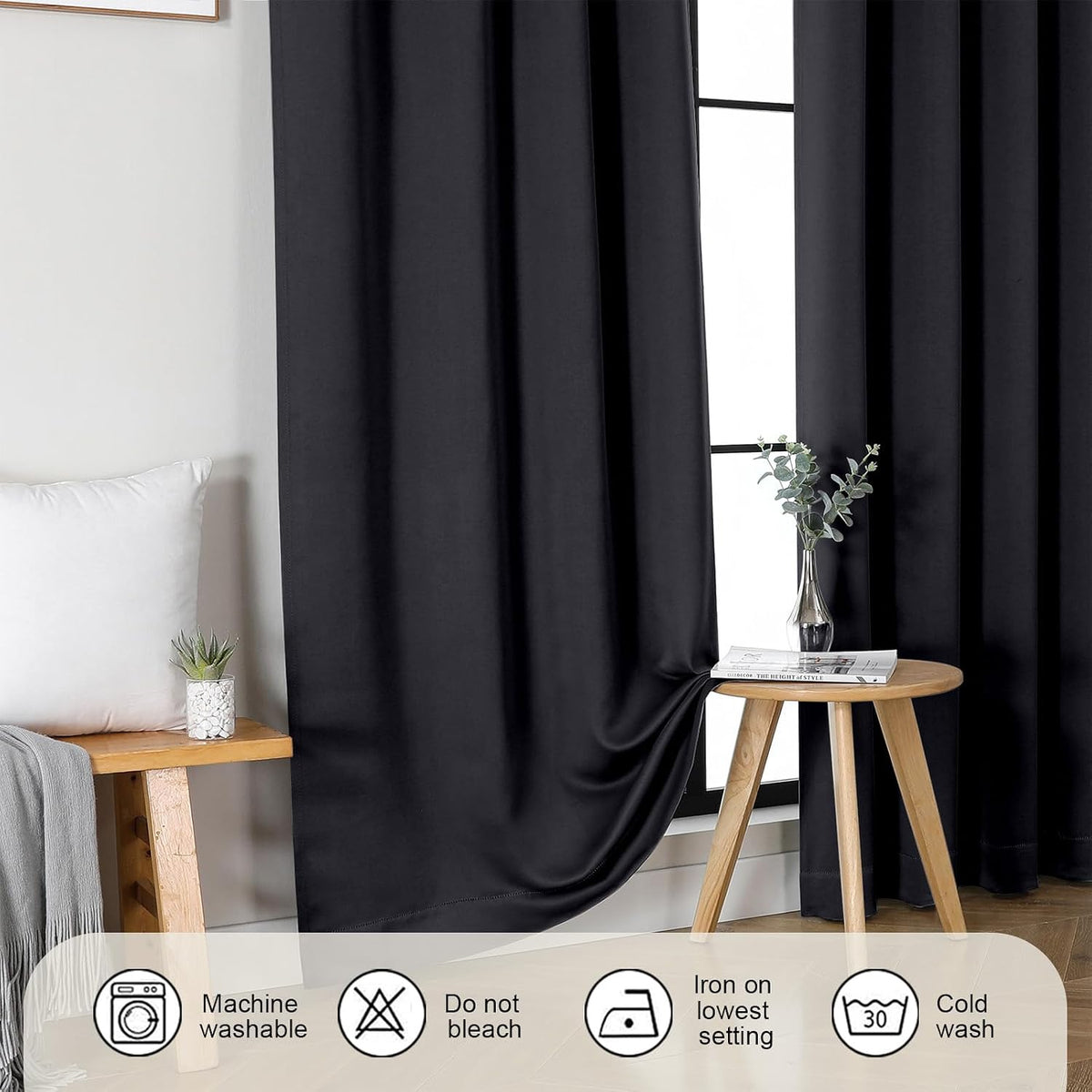 Gwine Black Blackout Curtains for Bedroom 96 inches Long 2 Panels, Solid Thermal Insulated Noise Reducing Room Darkening Rod Pocket…