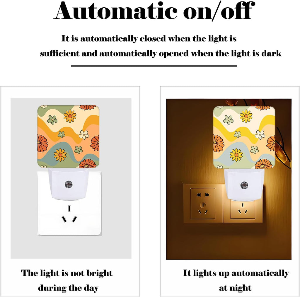Waves and Floral Night Light, Plug Into Wall for Boys Girls Bedroom Decorative Square Night Light Lamp 0.5w Sleep Friendly