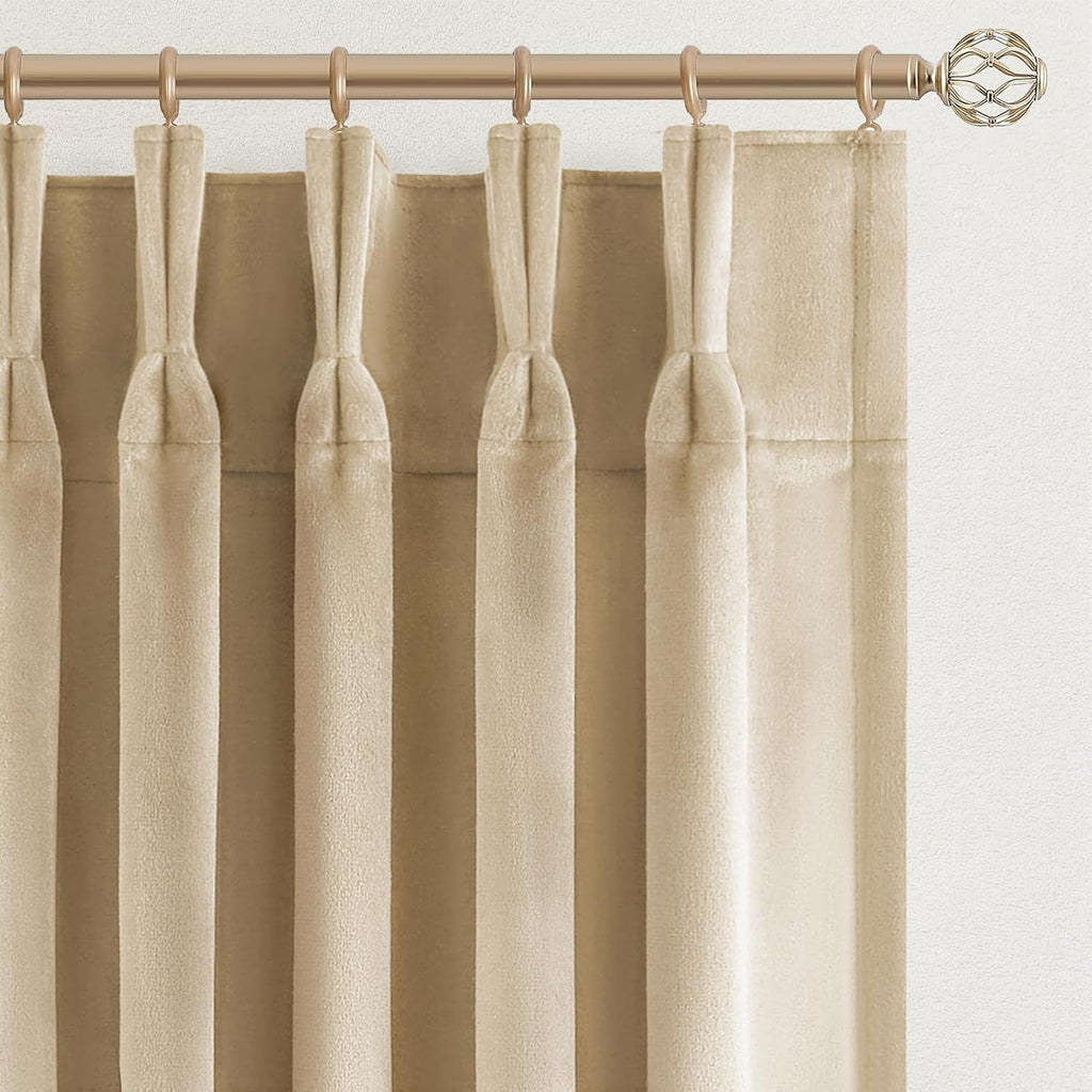 Drapenova 120 Inch Long Beige Velvet Curtains Elegant Luxury Boho Light Blocking Blackout Pinch Pleated Drapes for Bedroom/Guest Roo…