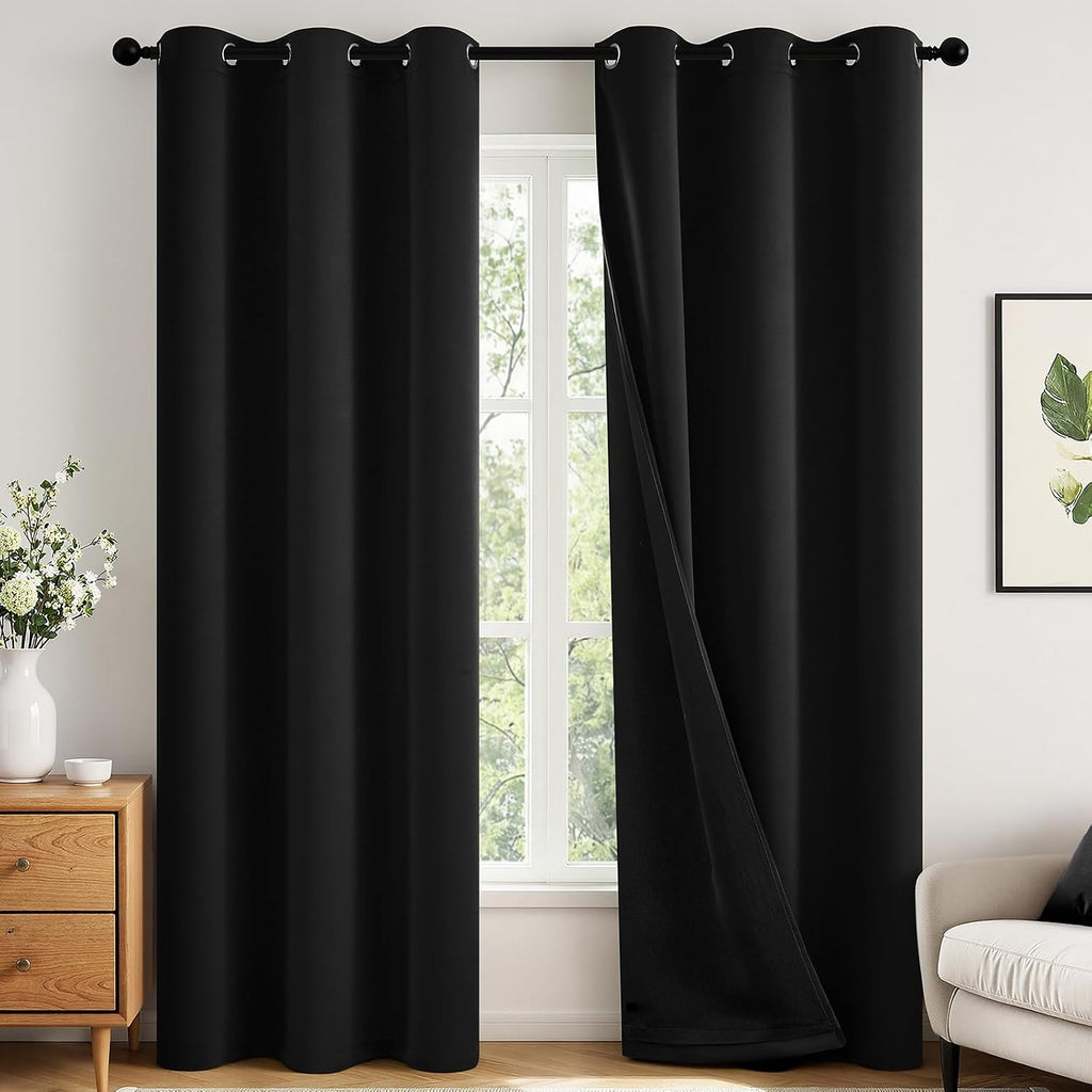 Miulee Black 100% Blackout Curtains for Bedroom 90 Inch Long, 2 Thick Layers Thermal Insulated Full Blackout Window Curtains with Black Lin…