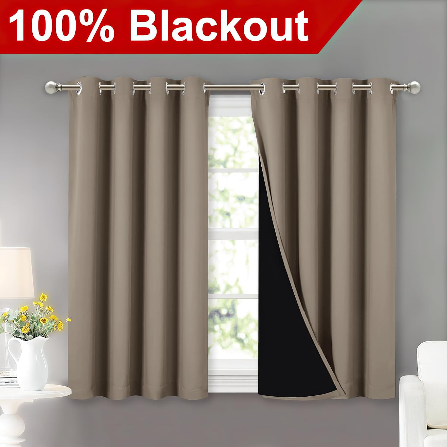 Nicetown 100% Blackout Curtains with Black Liners, Thermal Insulated Full Blackout 2-Layer Lined Curtains, Energy Efficiency Window Draperi…