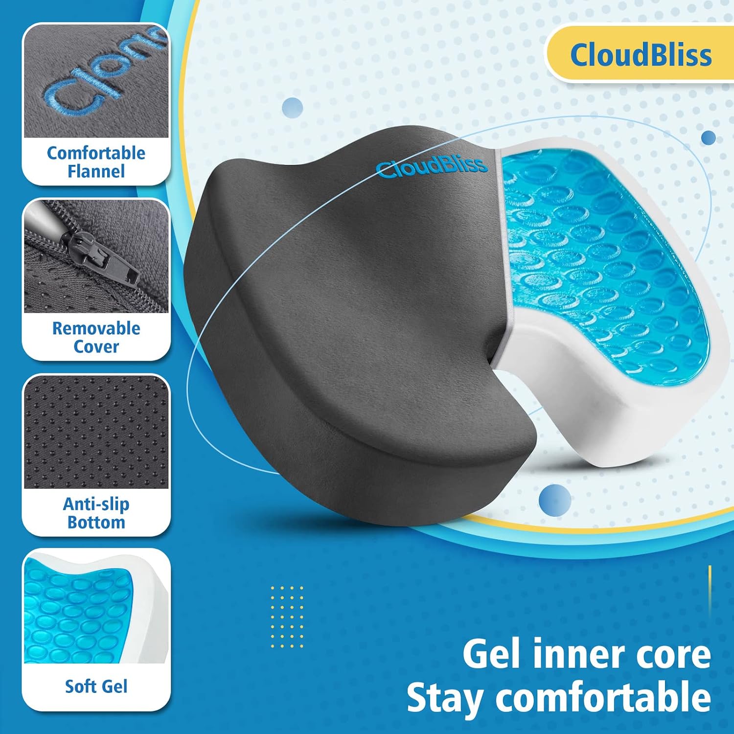 CloudBliss Gel Seat Cushion - Cooling Gel Enhanced, Memory Foam, Ergonomic Seat Cushion for Long Sitting for Office, Game, Car, Airplane…