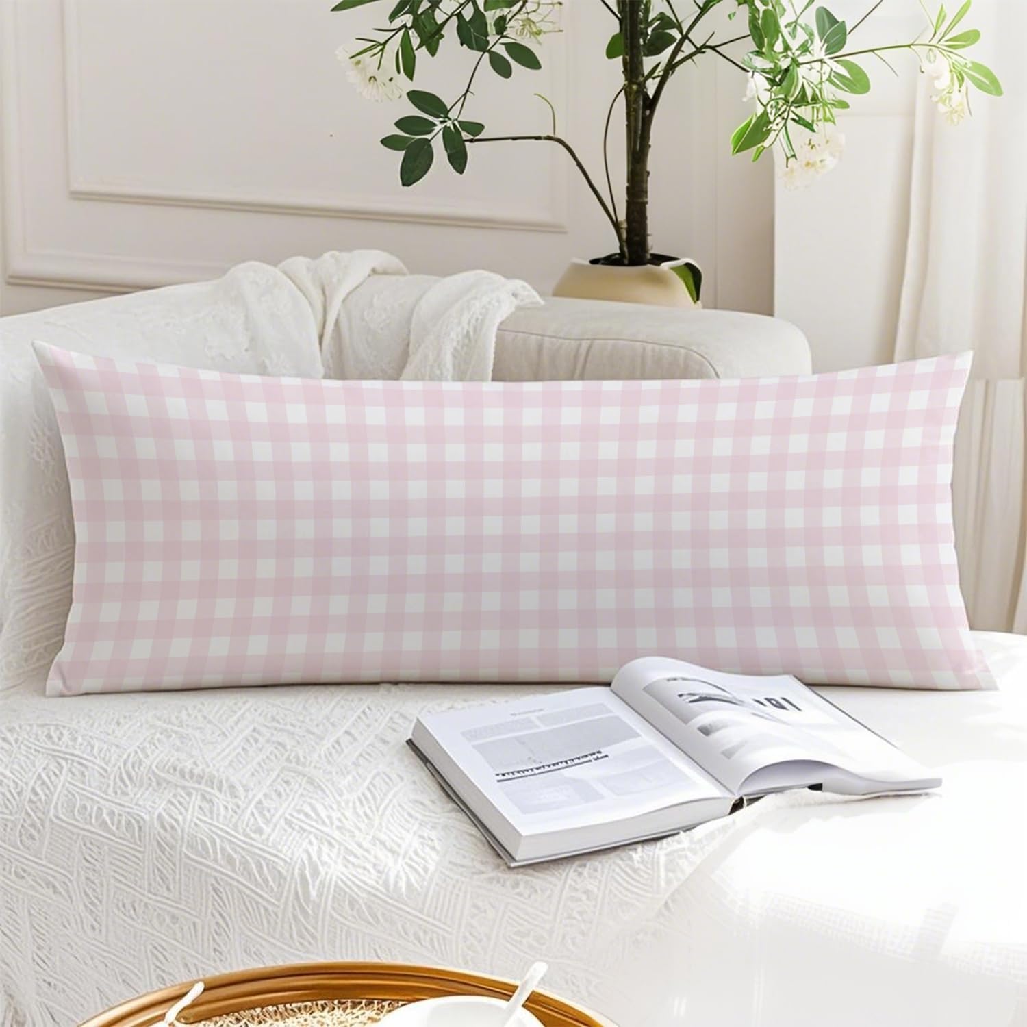Pink Plaid Gingham 20x54 Body Pillow Cover, Preppy Room Dorm Decor, Girly Room Decor, Pink and White Checkered Decorative Long Body…