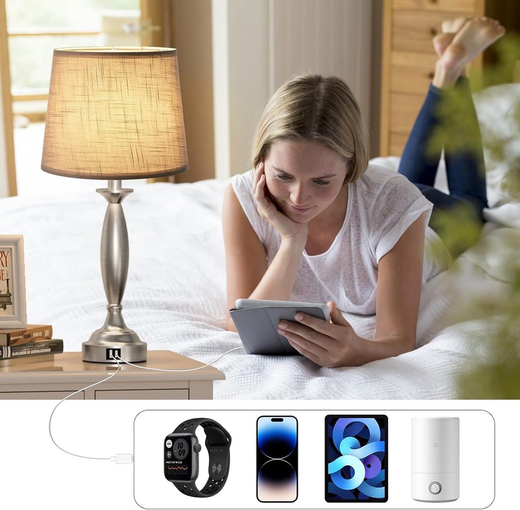 Lamps for Bedrooms Set of 2 - Touch Bedside Lamp with USB C+A, 3 Way Dimmable Nightstand Lamps with USB Port, Brushed Nickel Table Lamp…