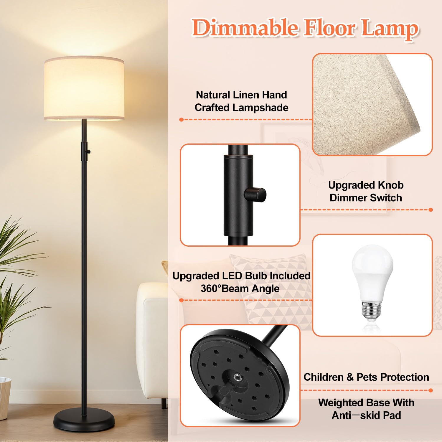 Upgraded】 Dimmable Floor Lamp for Living Room,1000 Lumens Bulb Included, Modern Floor Lamps Simple Design with Linen Shade, Tall Standing…