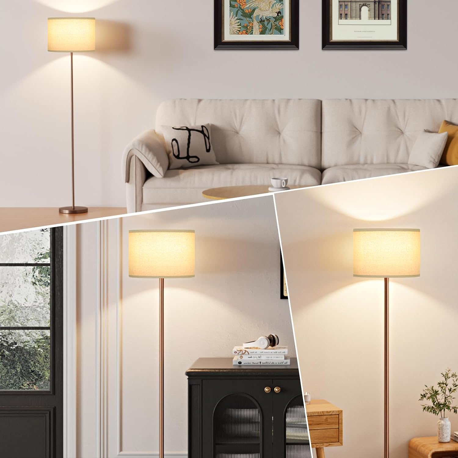 Ambimall 60'' Modern Floor Lamp with Shade, Tall Lamps for Living Room, Bedroom, Office, Dining Room, Beige Shade with Brown Pole(Without B…