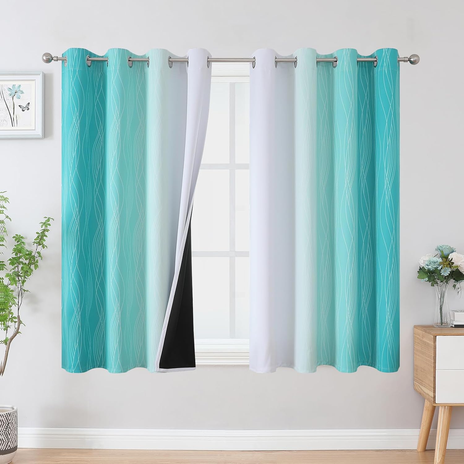 Estelartextiler Estelar Textiler Teal and Greyish White Blackout Curtains 54 Inch Length, Light Blocking Gradient Grommet Drapes for Living…