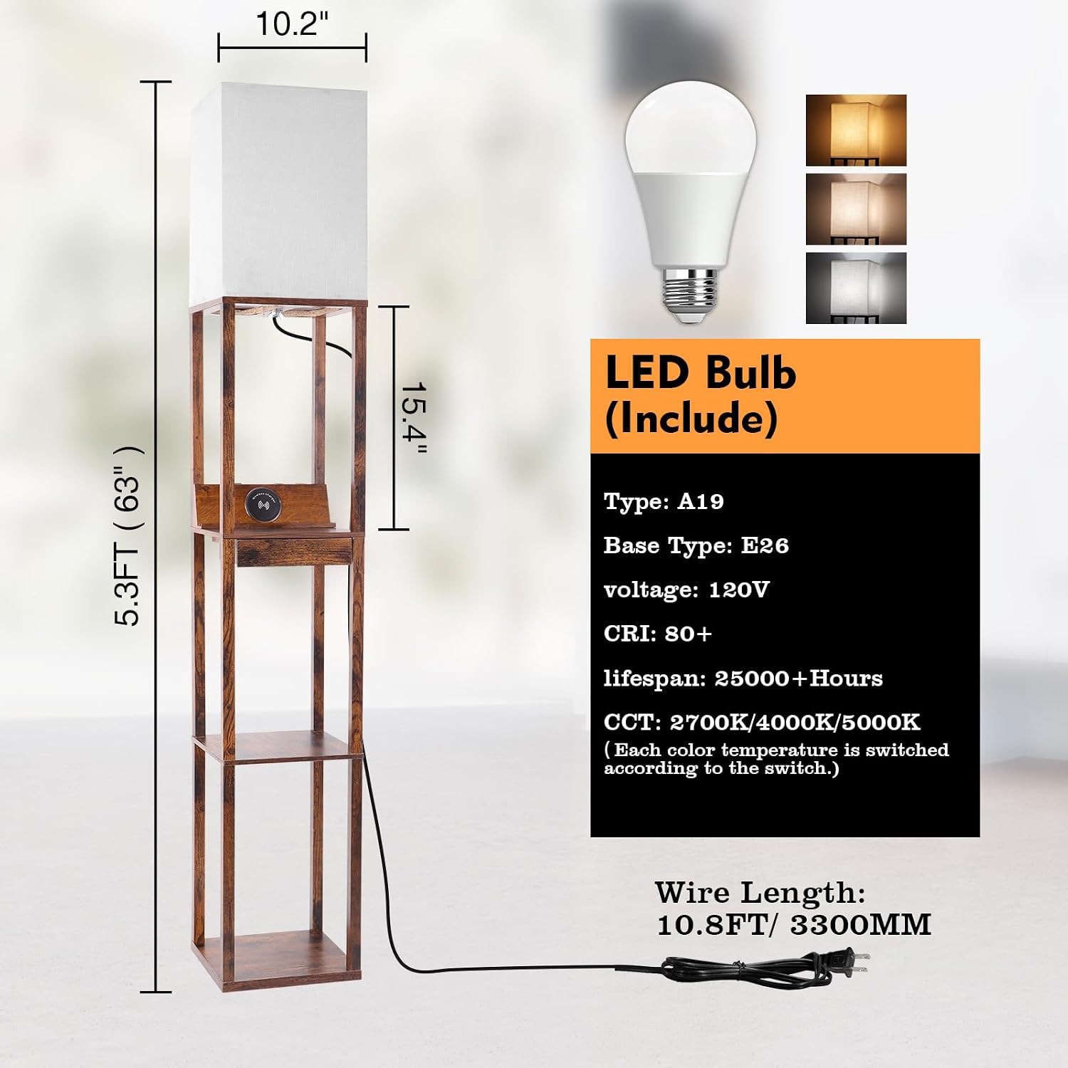 RUNTOP Floor Lamp with Shelves, Shelf Floor Lamp with Wireless Charger & 2 Charging USB Ports & Drawer, AC Outlet, 3 Color Temperature…