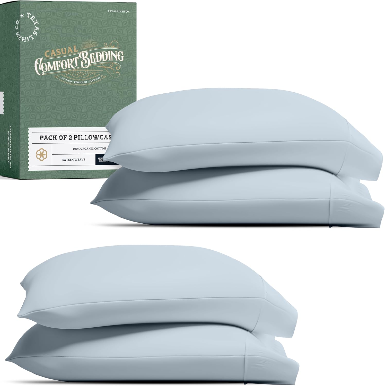 TEXAS LINEN CO. 100% Organic Cotton Pillow Cases Standard Size Set of 4 - Soft & Crisp Organic Cotton Pillowcases Standard/Queen Size (2…