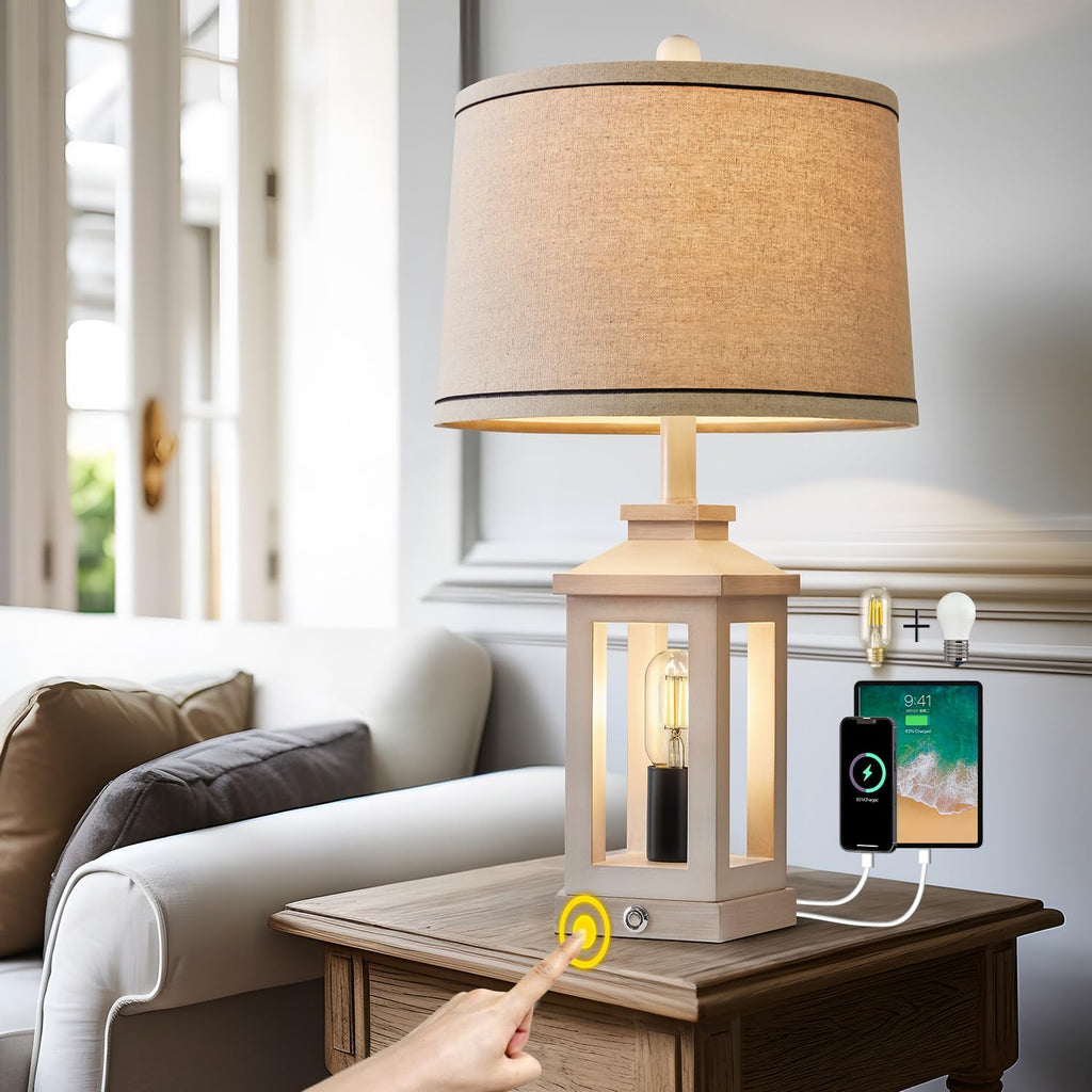 G-SAFAVA 23.75" Retro Farmhouse USB C+A Ports Table Lamp with 3 Way Dimmable Touch Control White Nightlight Vintage Modern Lamp for…