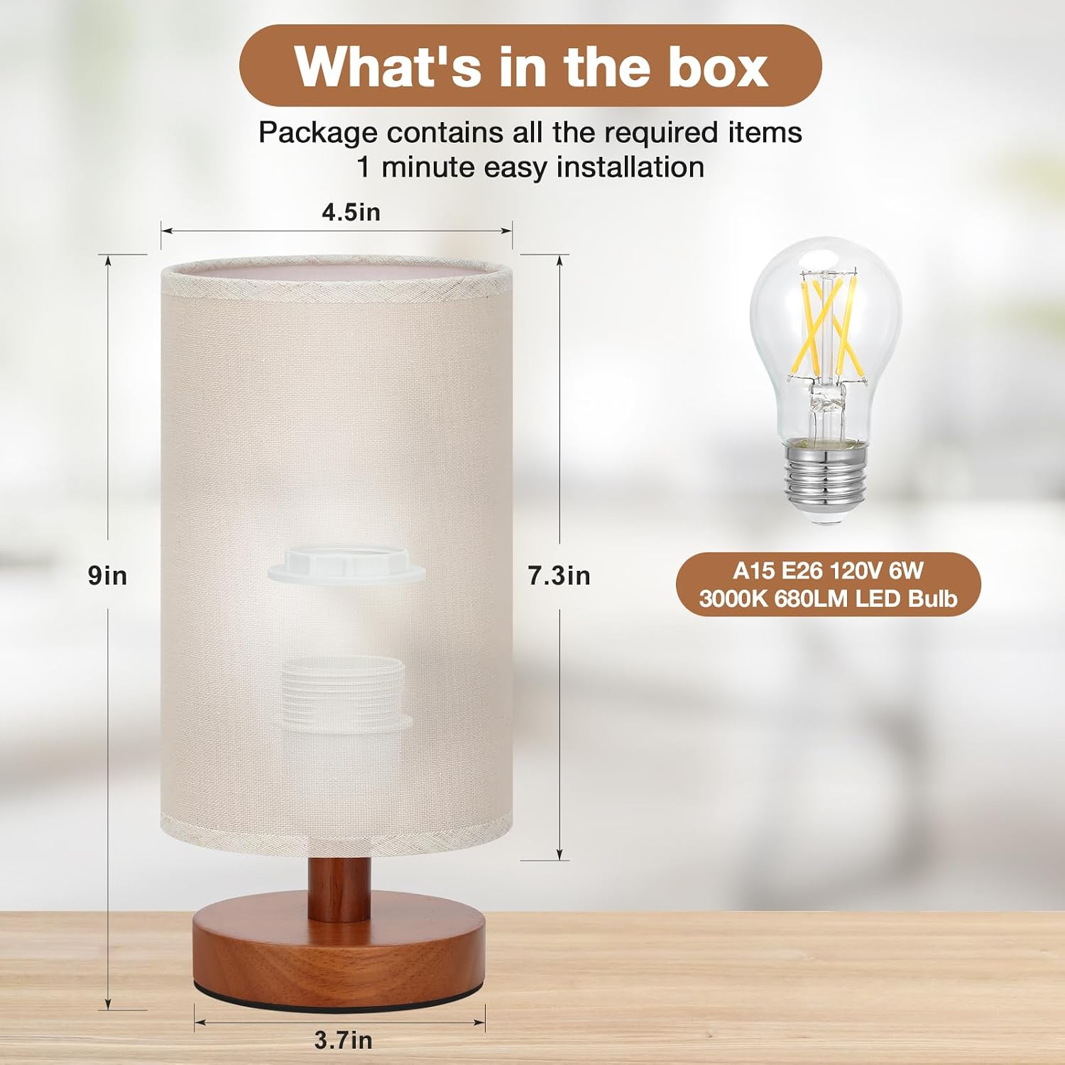 Fenmzee Small Table Lamp for Bedroom - Inline Control, Bedside Lamp with 3000K A15 LED Blub, Easy Assembly (Beige Shade - Walnut Base, 9"…