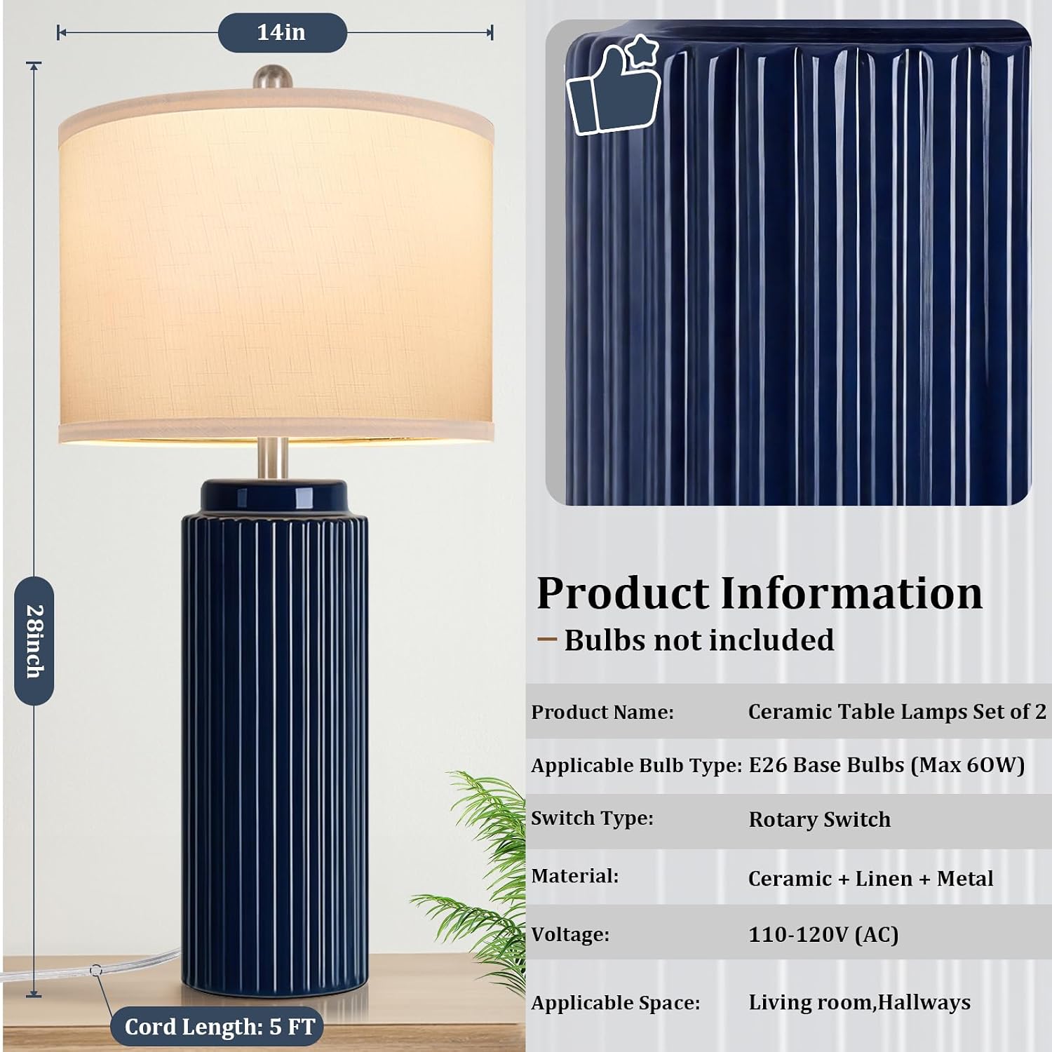 Tobusa 28’’ Modern Ceramic Table Lamps for Living Room Set of 2, Tall Farmhouse Bedside Lamps with Linen Shade, Dark Blue Rustic Nightstand…