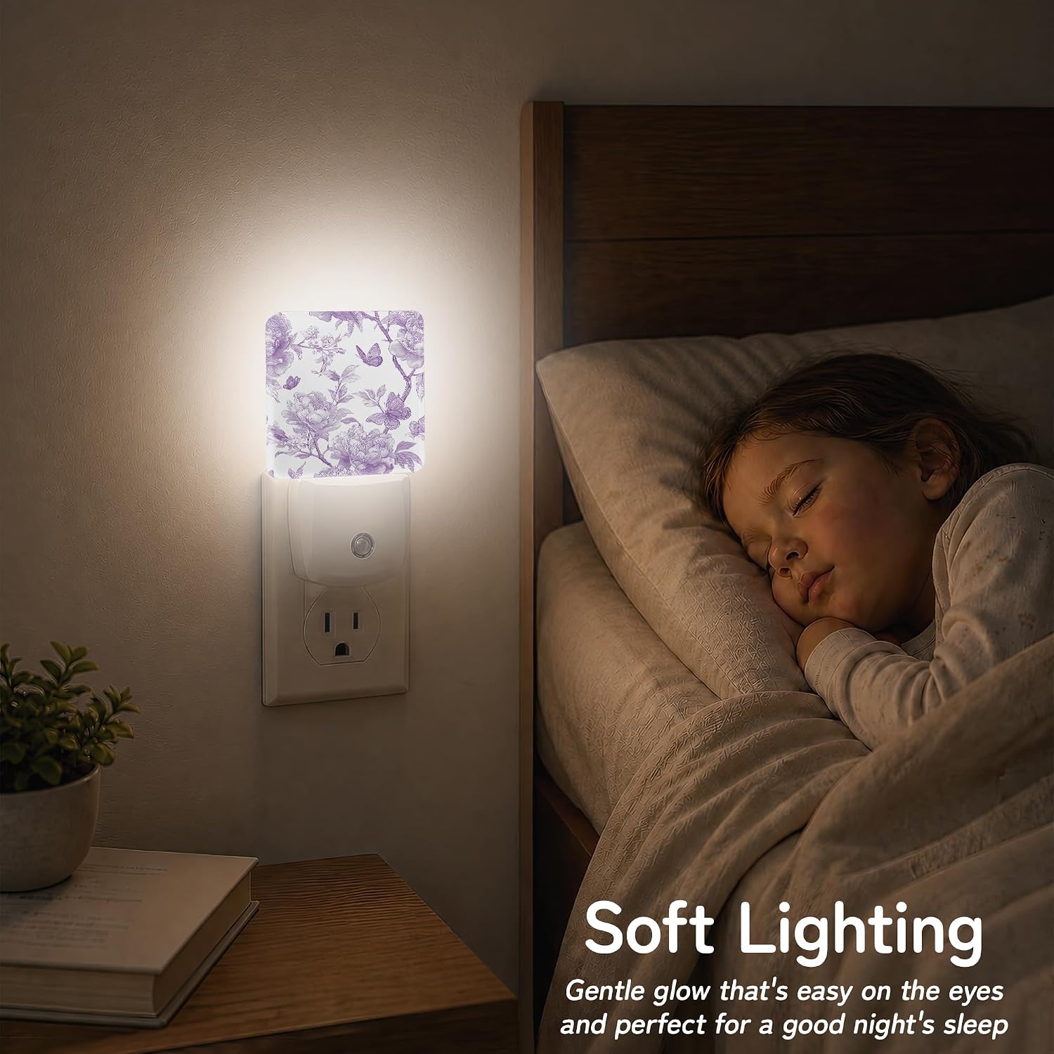 Lavender Toile Butterfly Night Light, Night Lights Plug into Wall with Dusk to Dawn Sensor for Bedroom Bathroom Hallway Kitchen…