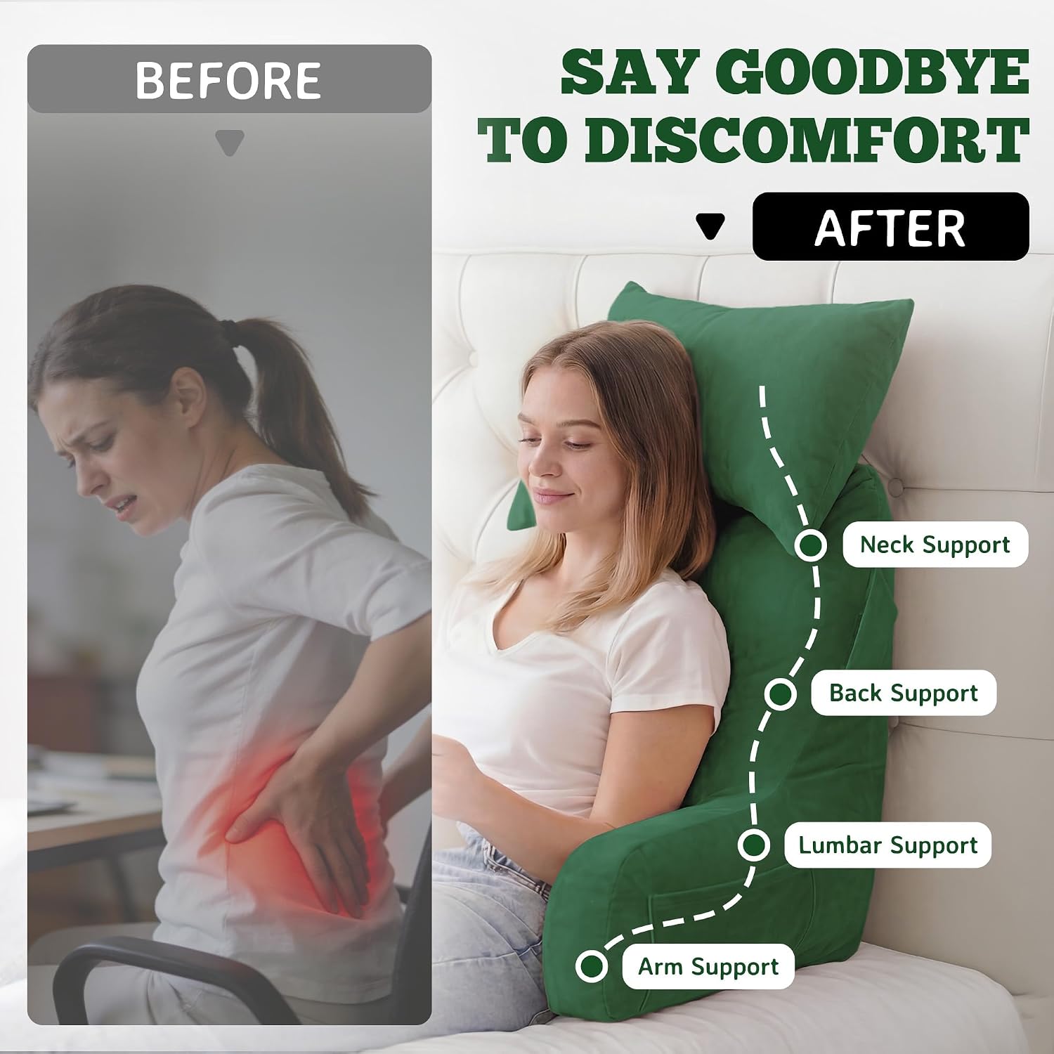 Unisakey Portable Reading Pillows with Headrest for Bed Sitting Up(Green Oeko-Tex), Velvet Back Pillow with Arms & Pockets for Adults…