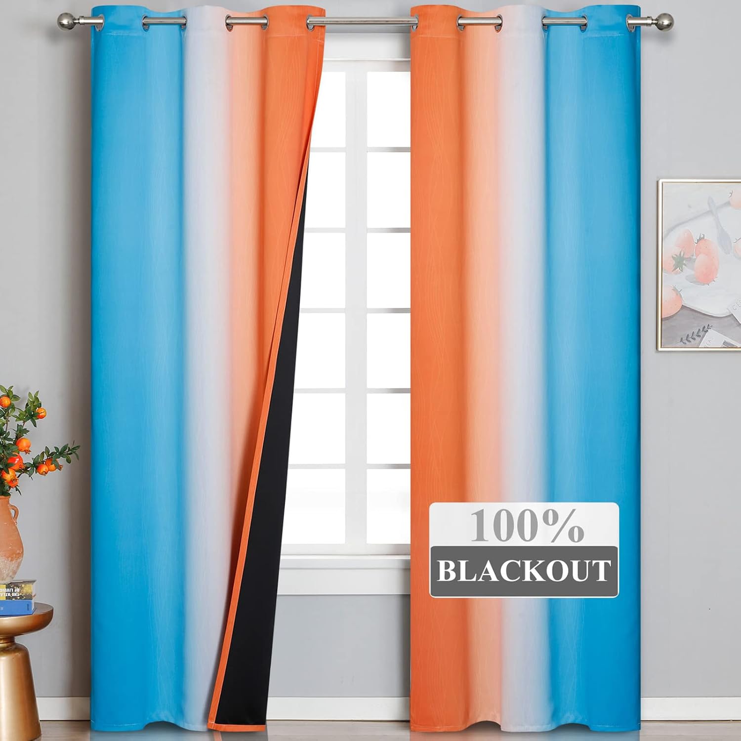 Estelartextiler Thermal Insulated Blue and Orange Curtains for Living Room, Complete Light Blocking Ombre Blackout Curtains for Bedroom, Fu…
