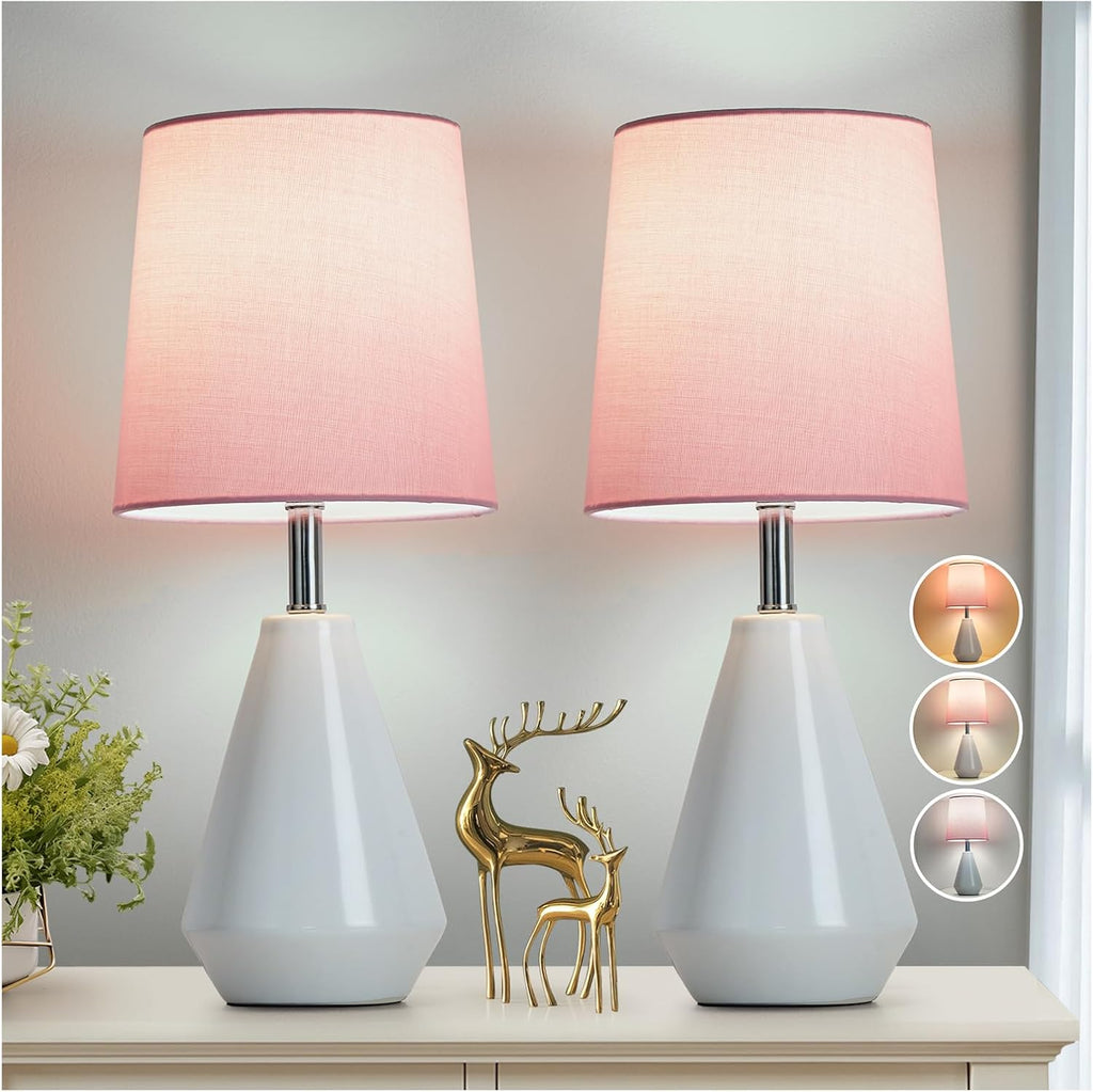 Small Bedside Table Lamp for Bedroom-Reading Desk Lamp Set of 2, with 3 Color Temperatures,15.5" Nightstand Ceramic Lamp with Fabric Shade…