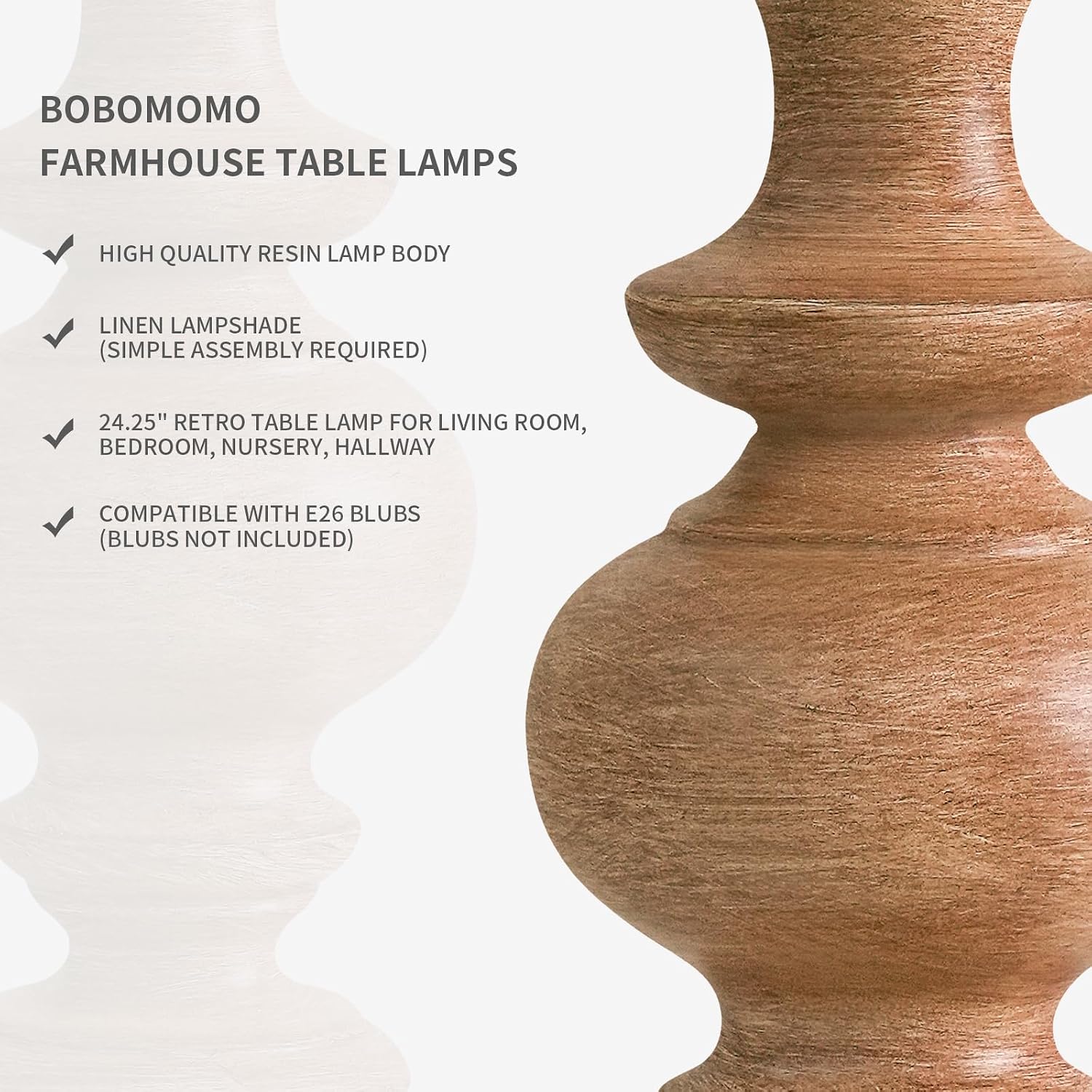 BOBOMOMO 24" Farmhouse Table Lamps Set of 2 – Rustic Light Brown Resin Bedside Lamps with Linen Shades, Medium Size Nightstand Lamps for…
