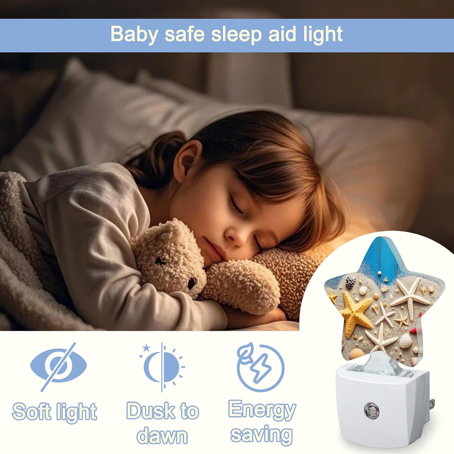 Snowmolle Coastal Seashell Starfish Night Lights Plug Into Wall, Blue Wooden Star Night Light for Kids, Nightlight with Dusk to Dawn Smart Se…