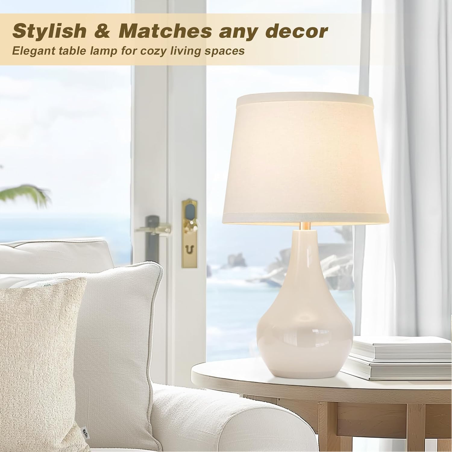 Seealle Modern Ceramic Table Lamps for Night Stands - Bedside Lamps Set of 2 for Nightstand, 19.4" White Bedroom Lamp for Living Room…