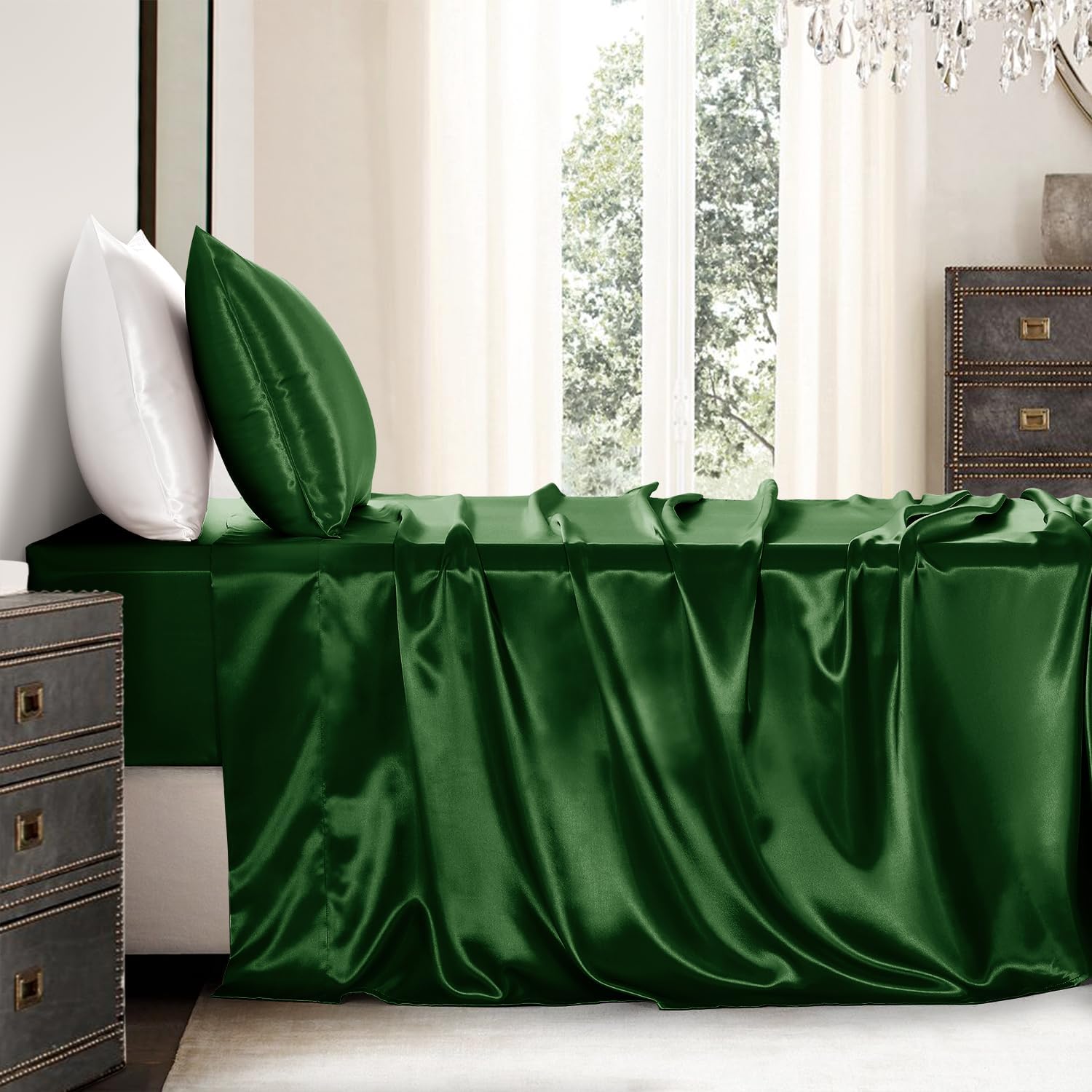 Golal Satin Sheets Twin XL Size - 3 Pieces Luxury Silky Soft Bed Sheets, Wrinkle-Free Dark Green Satin Silk Sheet Set with 1 Deep Pocket Fi…