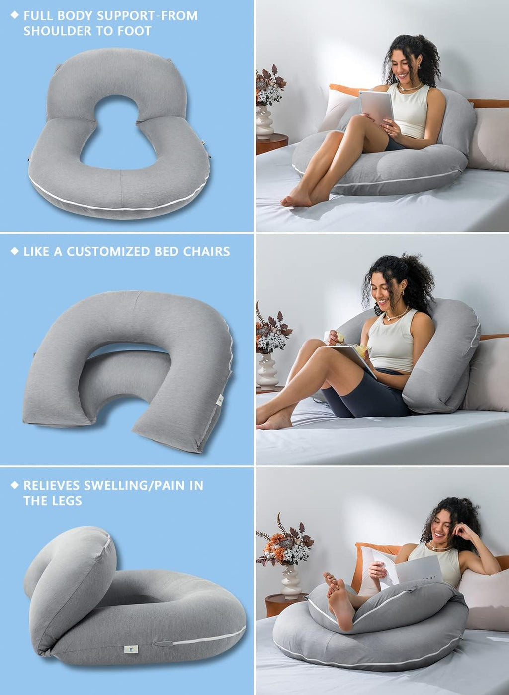 Insen Reading Pillow, Back Pillow for Sitting in Bed and Couch, Gaming Pillow for Adults, Sit Up Support for Bed, Cooling Tencel, Grey Grey