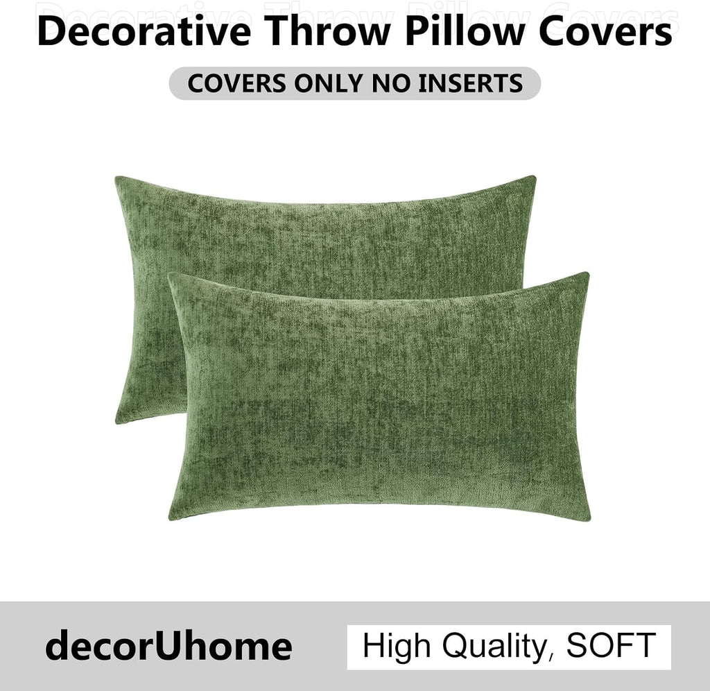 decorUhome Chenille Olive Green Throw Pillow Covers 12x20 Inch Set of 2, Decorative Soft Couch Pillow Covers Solid Dyed Accent Farmhouse Ne…