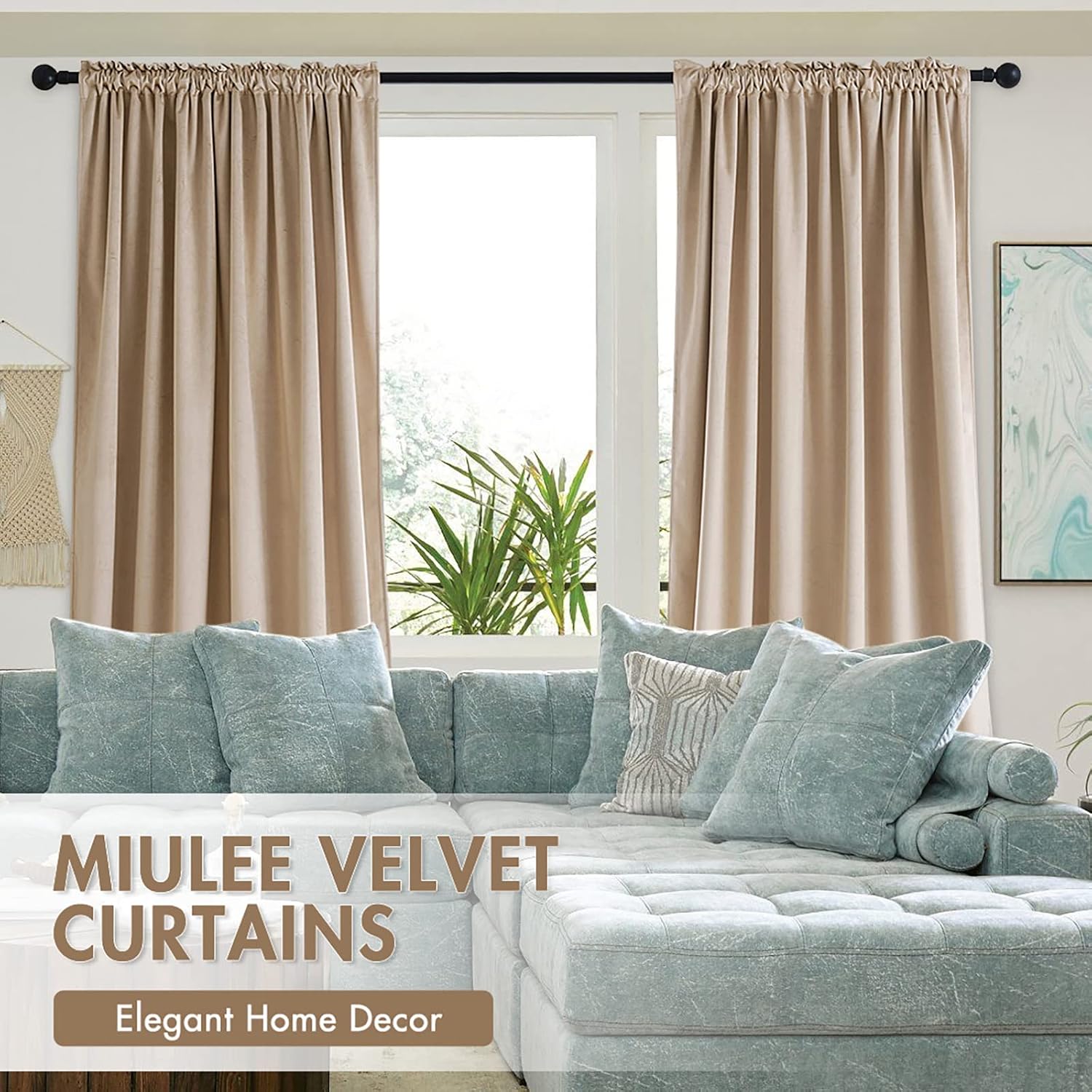 MIULEE Camel Beige Velvet Curtains Thermal Insulated Blackout Curtain Drapes for Bedroom Living Room Darkening 90 Inches Long Curtains…