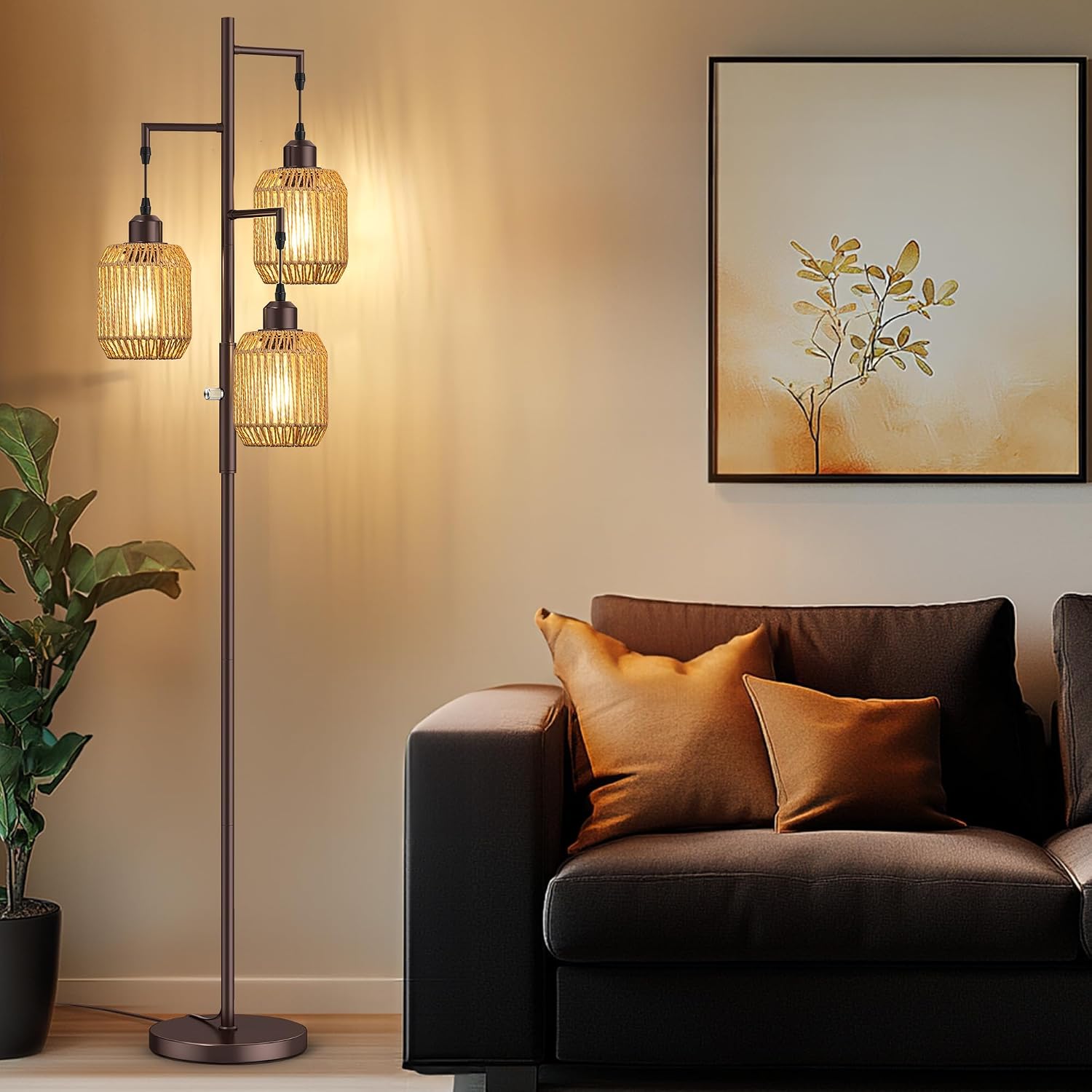 ROTTOGOON Dimmable Boho Floor Lamp - 3 Light Farmhouse Rattan Floor Lamp for Living Room, Industrial Tree Floor Lamps with 3 X 6W LED…