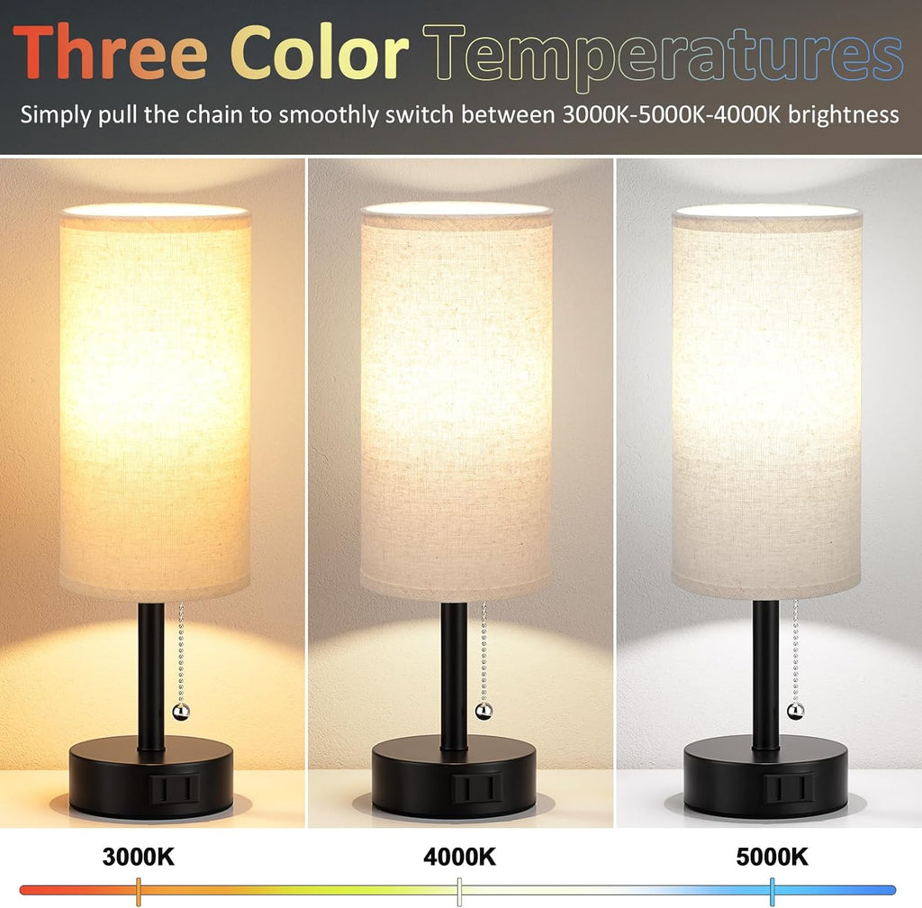 Fenmzee Bedside Table Lamps Set of 2-3 Color Temperatures Pull Chain Lamp with AC Outlet Charging Port, Round Night Stand Lamps for…
