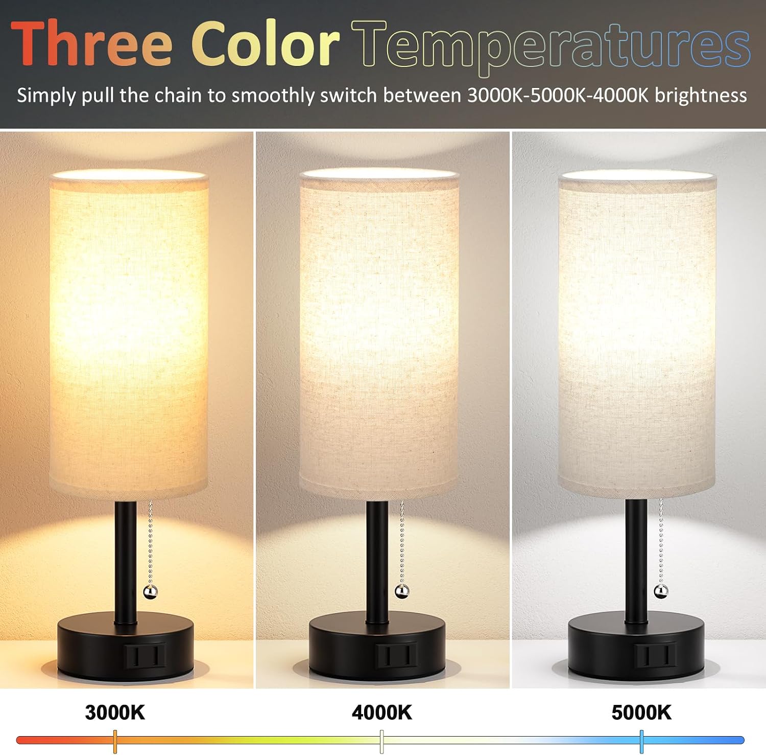 Fenmzee Bedside Table Lamps Set of 2-3 Color Temperatures Pull Chain Lamp with AC Outlet Charging Port, Round Night Stand Lamps for…