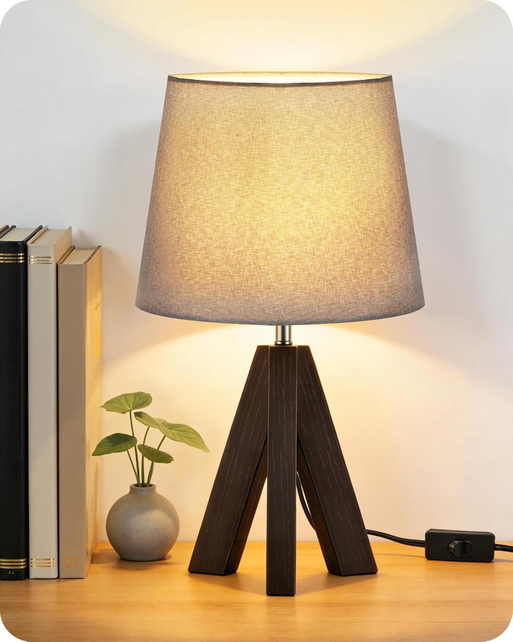 Tripod Table Lamp, 14.6" Small Bedside Lamp, Modern Nightstand Lamp with Gray Shade & Dark Walnut Base, Boho Desk Lamp for Bedroom, Kids…