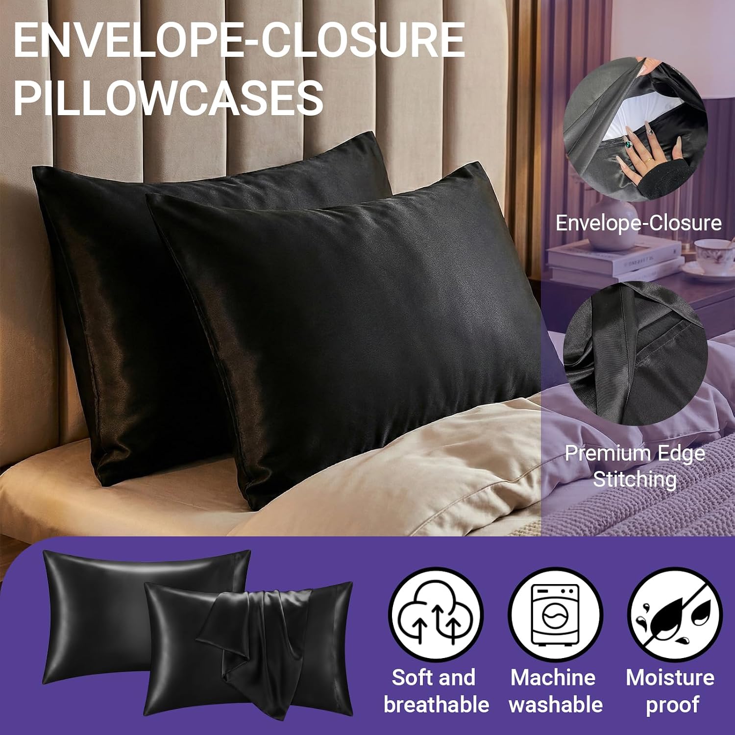 QJFabricCO Q&J Fabric Co. 2 Pack Satin Pillowcase Silk Like Pillow Cases 20x36 inch Black Cooling Pillow Cases with Envelope Closure for Ha…