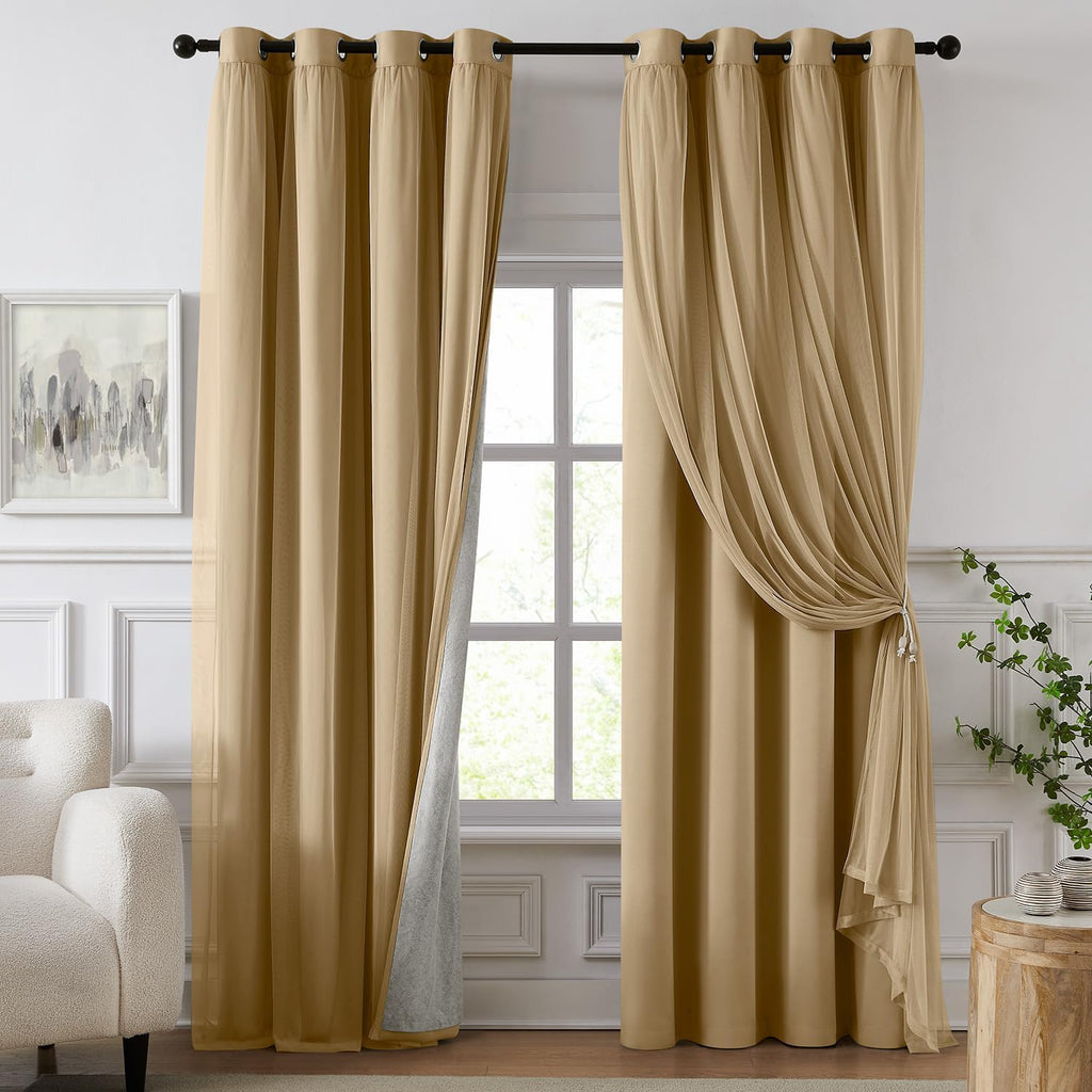 Swandream Blackout Curtains for Bedroom, Double Layer Khaki Curtains, Black Out Curtain 90 inch Long with Sheer Overlay for Living Room, Ro…