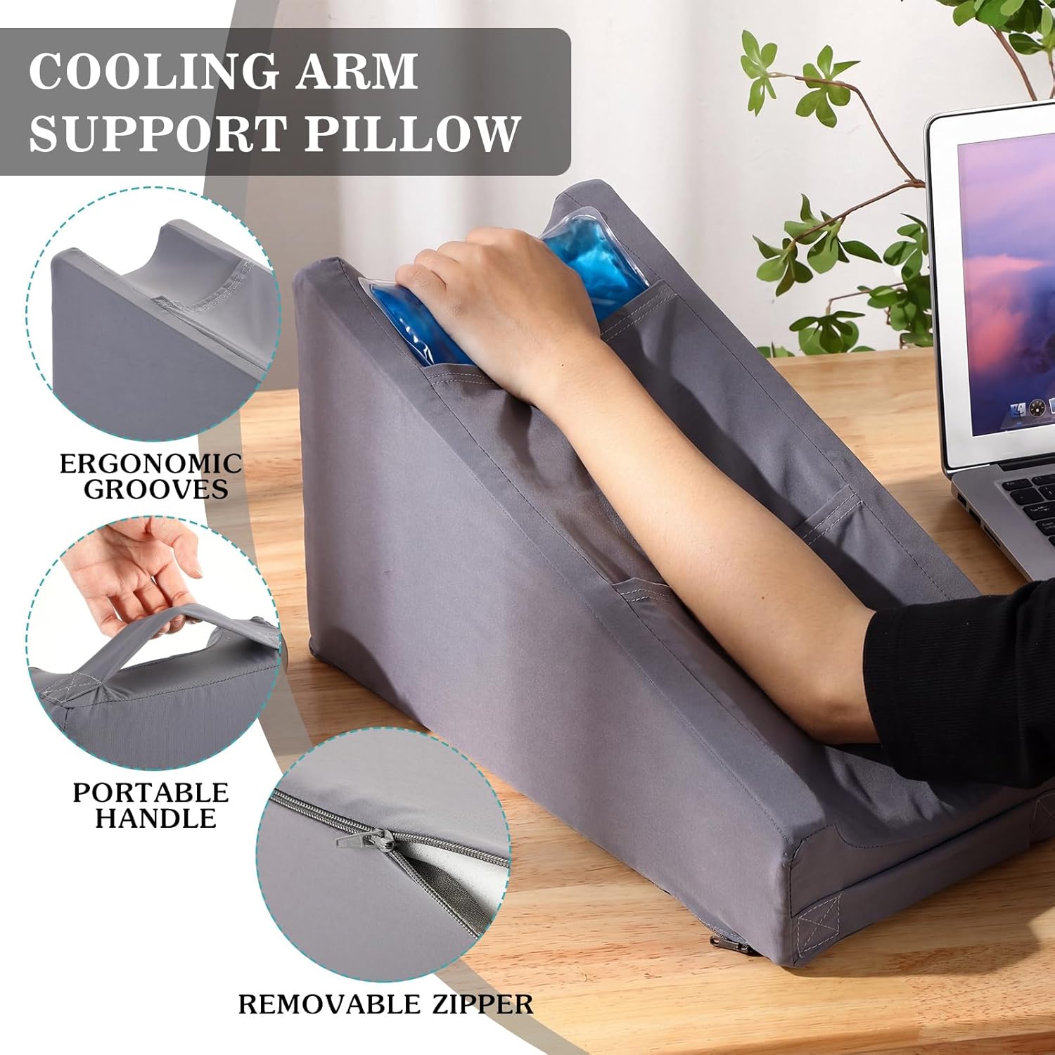 Buryeah Cooling Arm Elevation Pillow with 2 Pockets, Soft Ergonomic Support Pillow for Elbow Rest Wedge Broken Arm Elbow Gifts with High De…