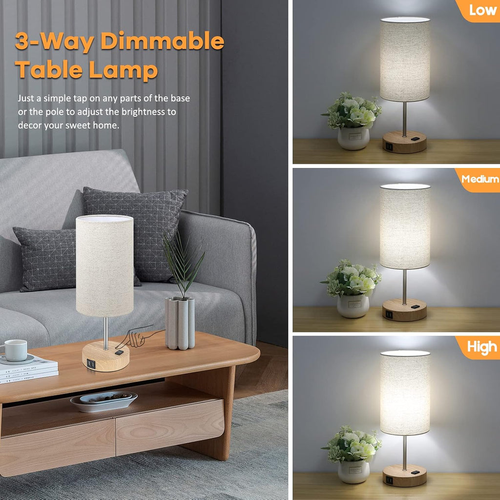 Brightever Bedside Table Lamps with 2 USB Charging Ports & AC Outlet, Set of 2 Touch Control Wooden Base Nightstand 3-Way Dimmable Lamps wi…