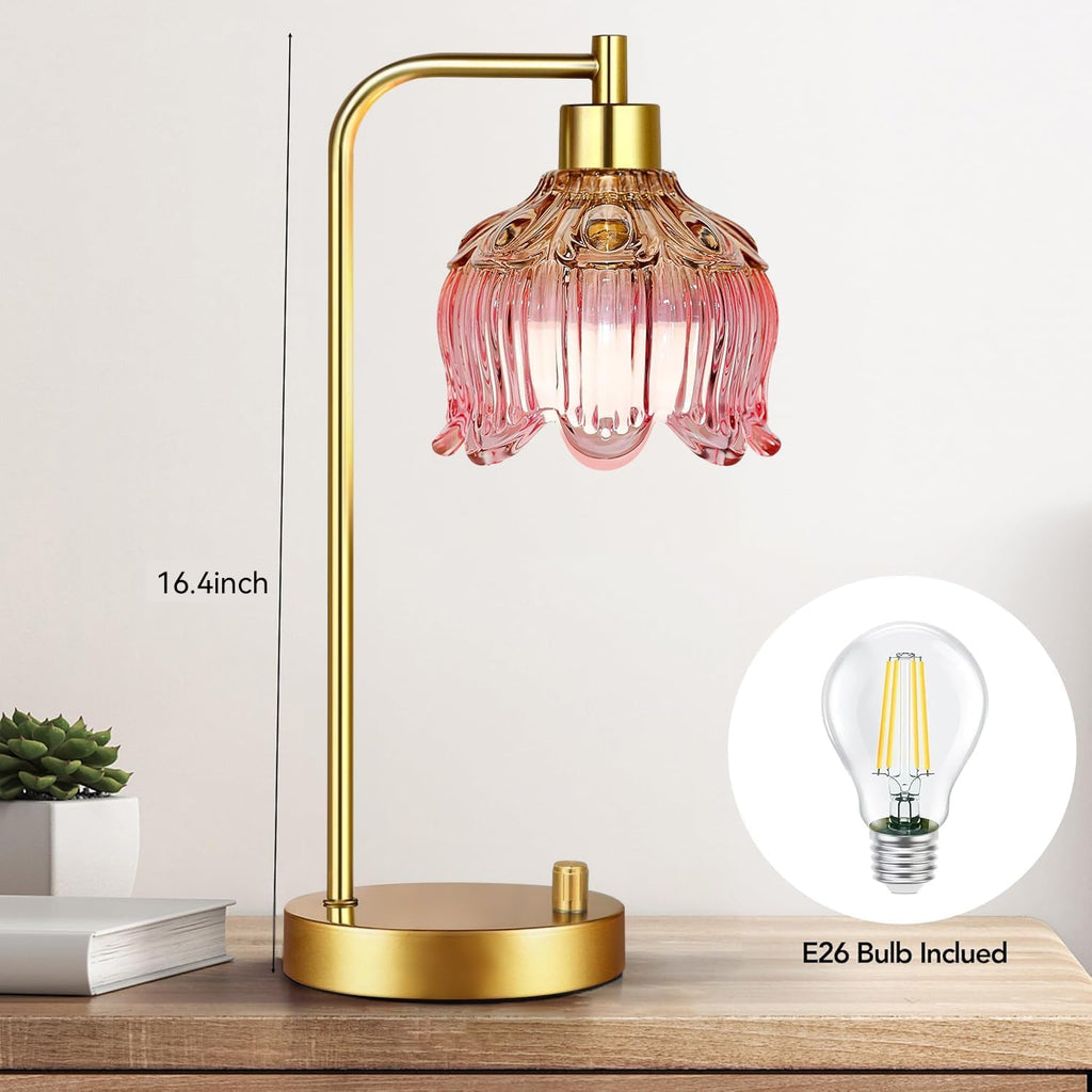 ILLMTW Pink Table Lamp Set of 2, Small Gold Bedside Lamps Dimmable Boho Bedroom Lamp with Tulip Flower Glass Lamp Shade, Vintage Mid…