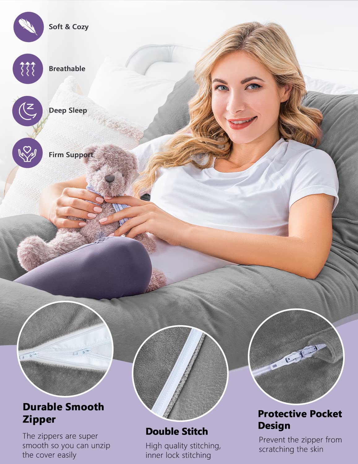 Meiz Pregnancy Pillow, U Shaped Pregnancy Body Pillow with Zipper Removable Cover (Gray- Velvet) 0 Count 55 Inch Gray