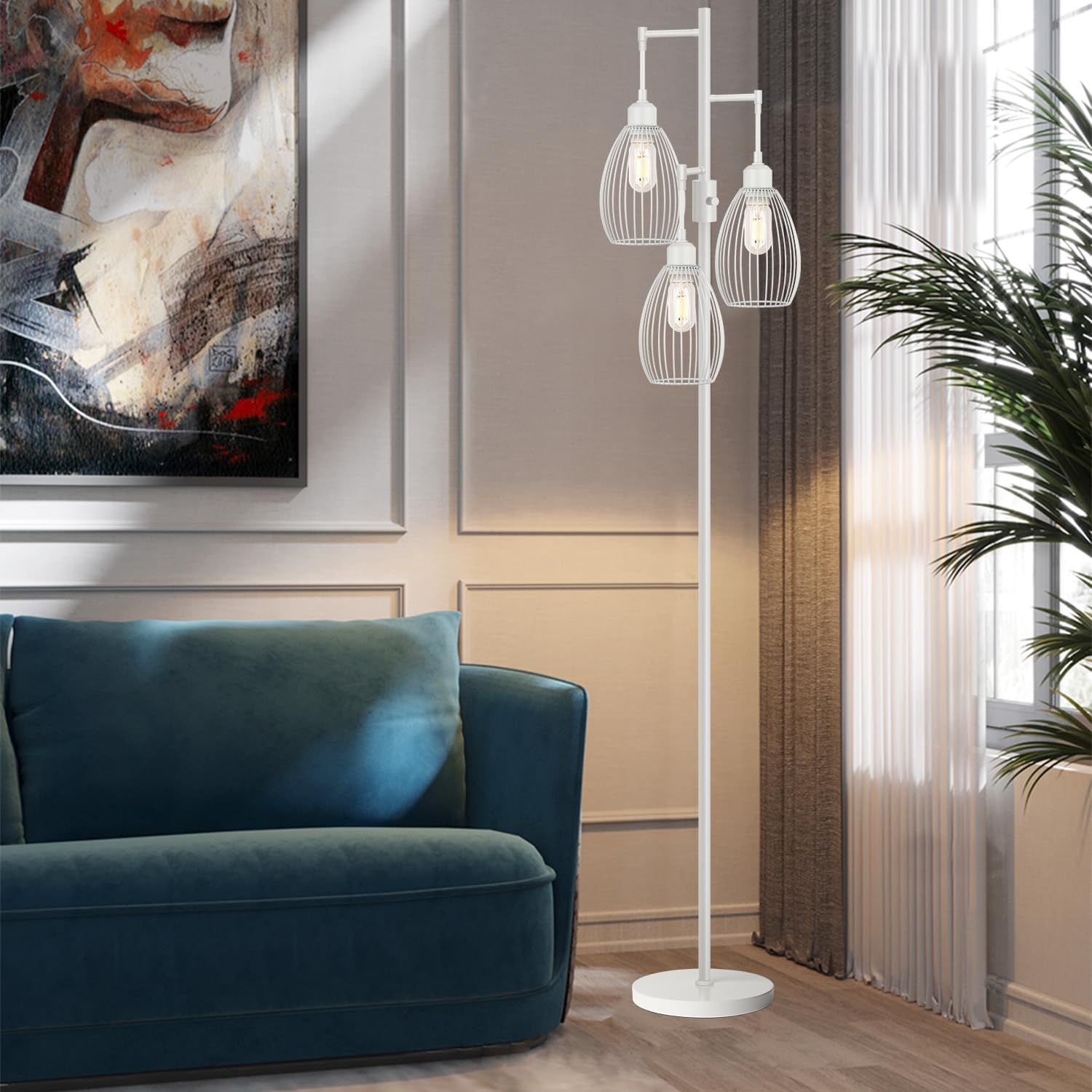Dimmable Floor Lamp, 3 x 800LM LED Edison Bulbs Included, Farmhouse Industrial Floor Lamp Standing Lamp with Elegant Teardrop Cage Head…