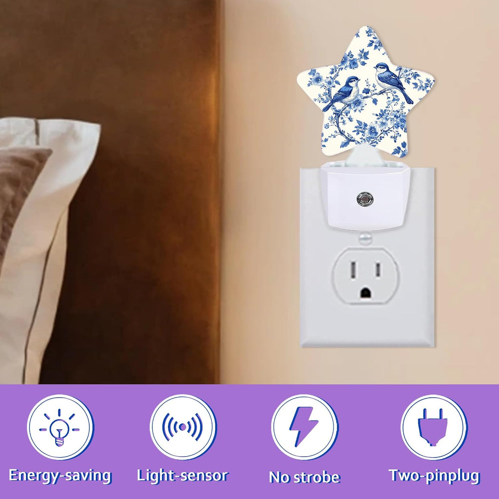 Blue Birds Night Lights Plug Into Wall, Vintage Flowers Dusk to Dawn Light Sensor Night Light for Kids, Energy Efficient Sleep Friendly…