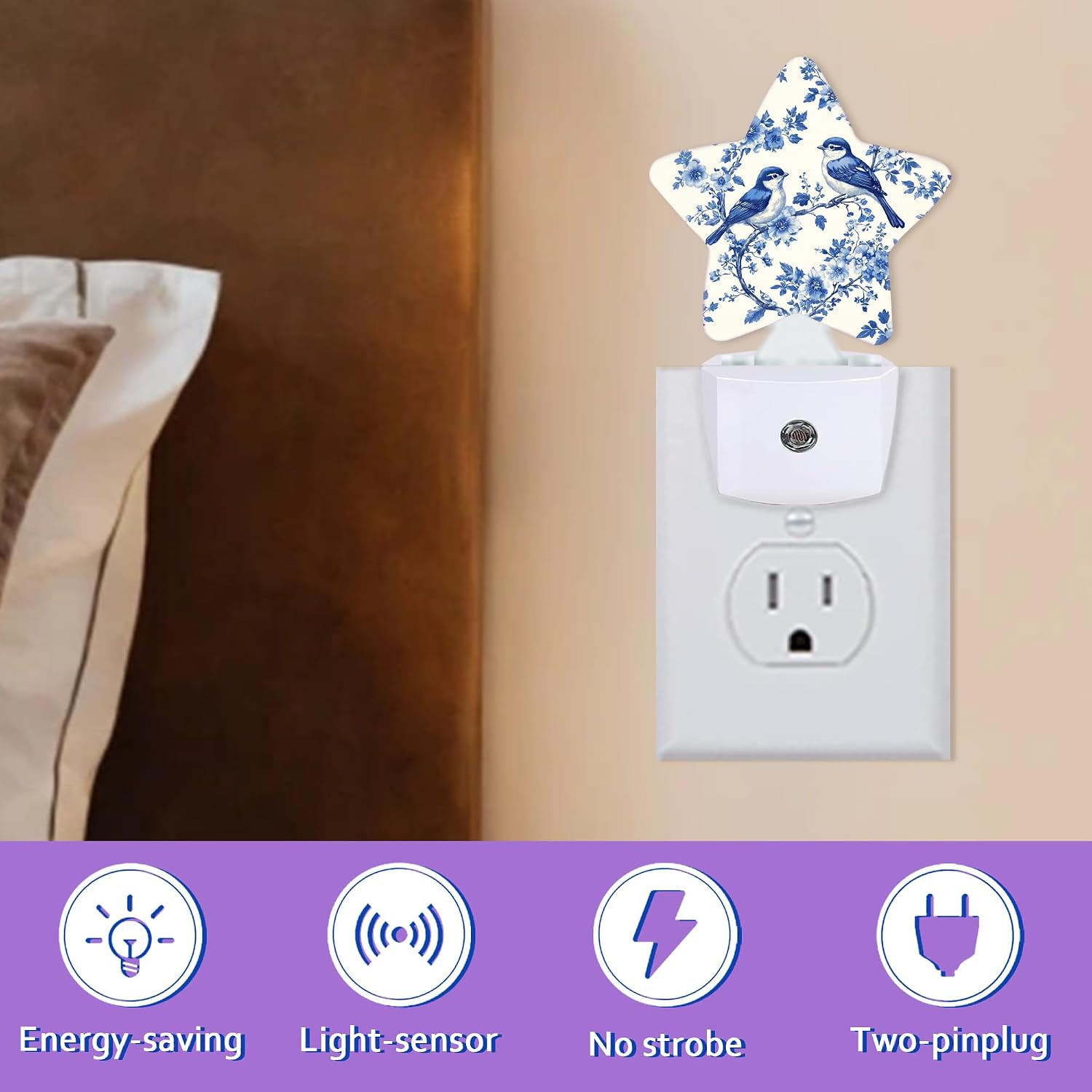 Blue Birds Night Lights Plug Into Wall, Vintage Flowers Dusk to Dawn Light Sensor Night Light for Kids, Energy Efficient Sleep Friendly…
