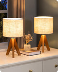 EDISHINE Small Table Lamp, Wooden Tripod Bedside Lamp with Linen Fabric Lampshade, 14.2" Nightstand Lamp for Bedroom, Living Room…